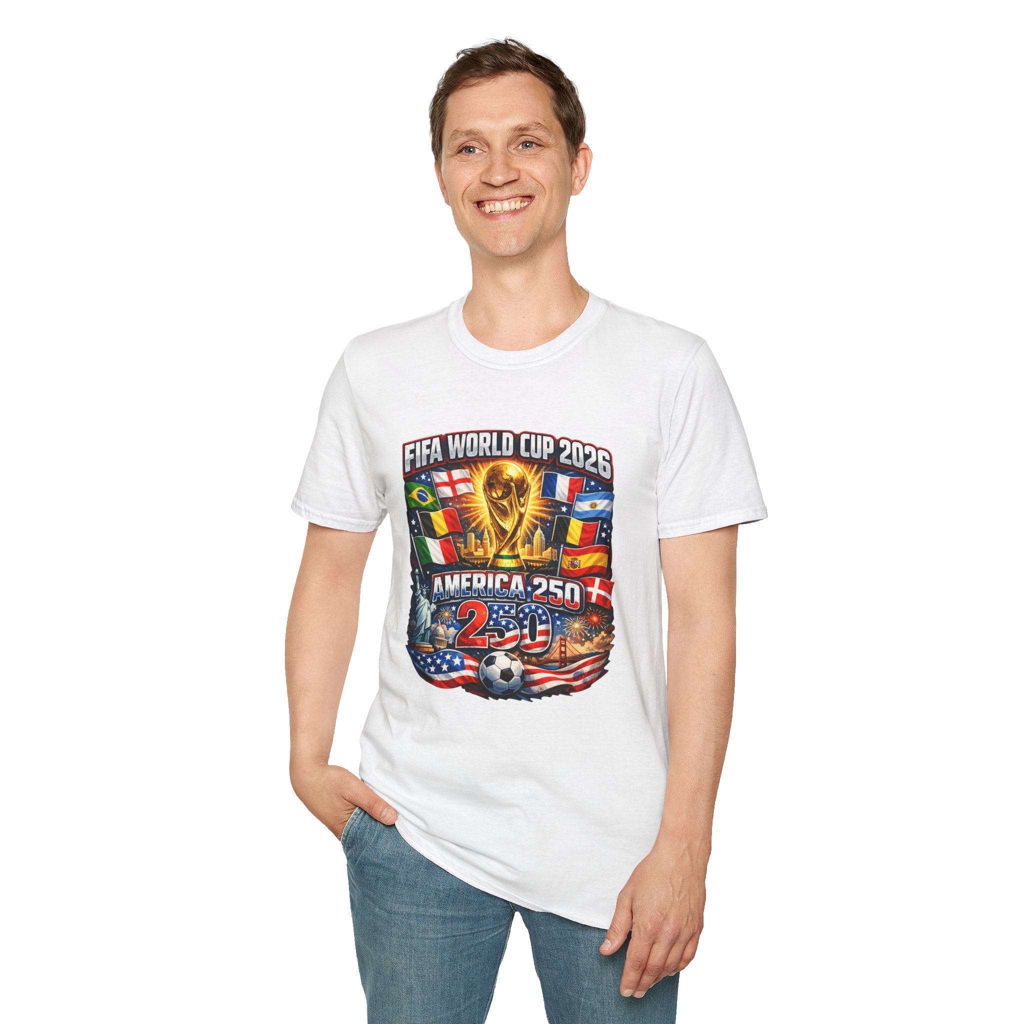FIFA World Cup 2026 T-Shirt — America 250 Soccer Trophy & Flags Tee