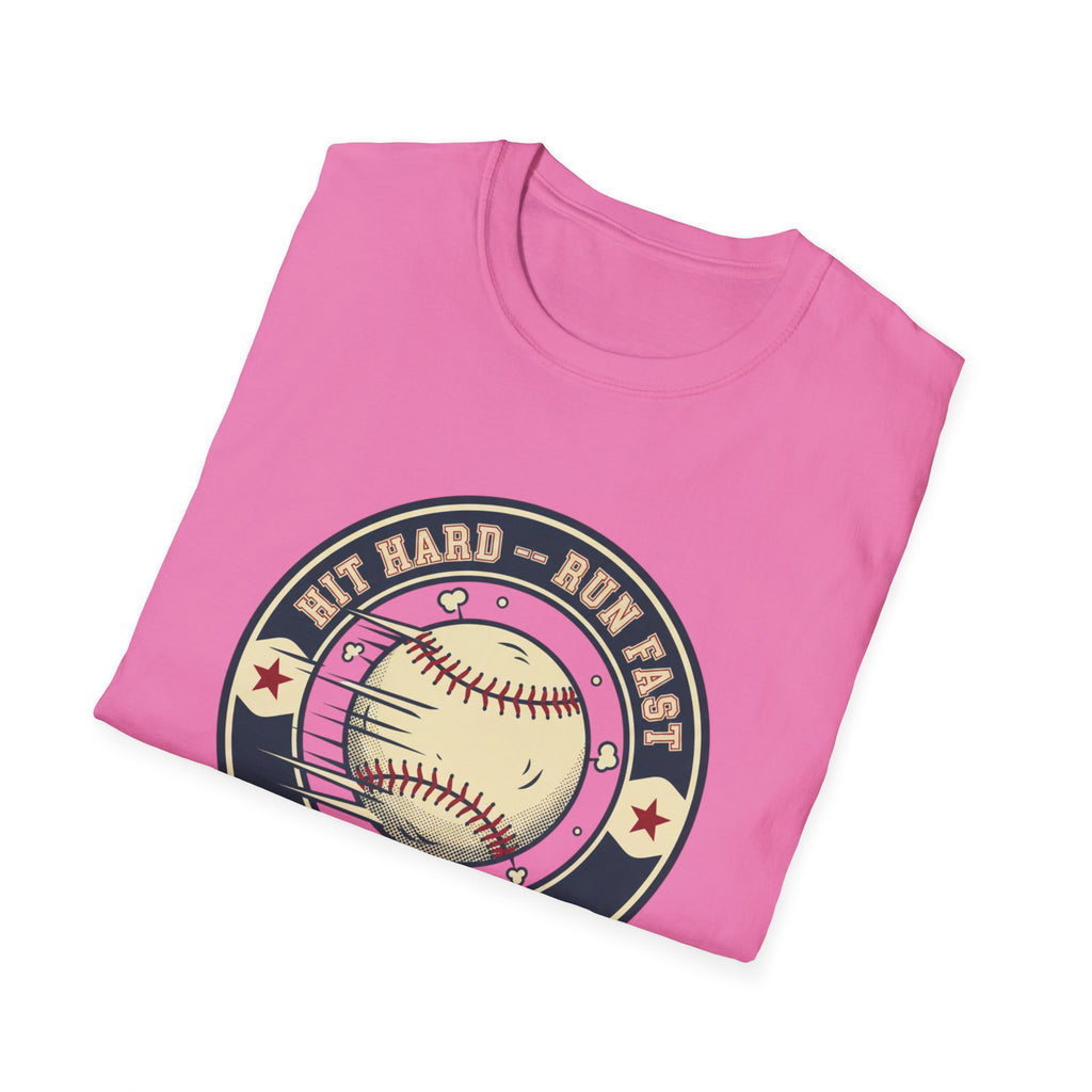Baseball Tee — “Hit Hard • Run Fast • Turn Left” Vintage Softball Graphic Shirt