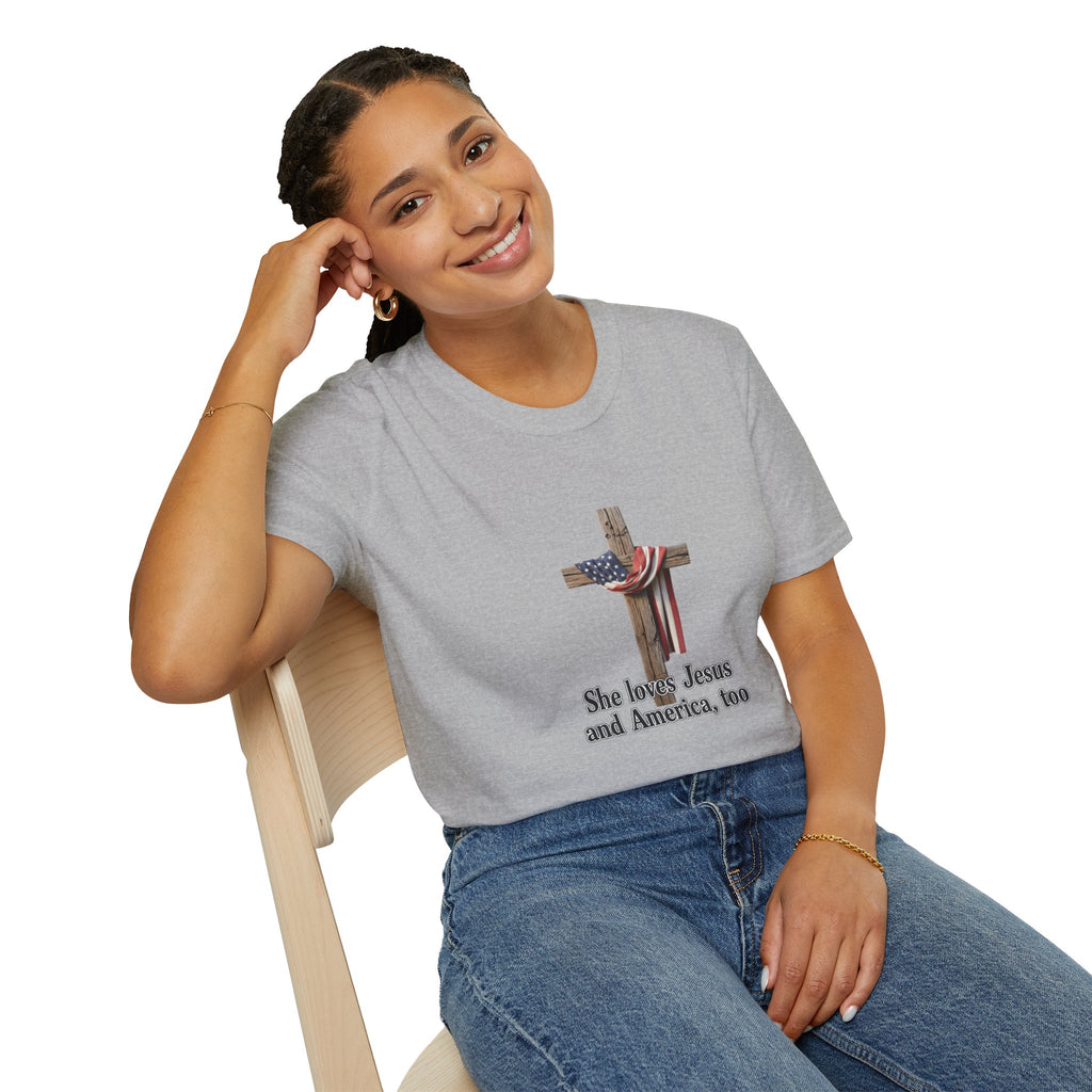 Christian Patriotic T-Shirt - "She loves Jesus and America, too" Cross Design