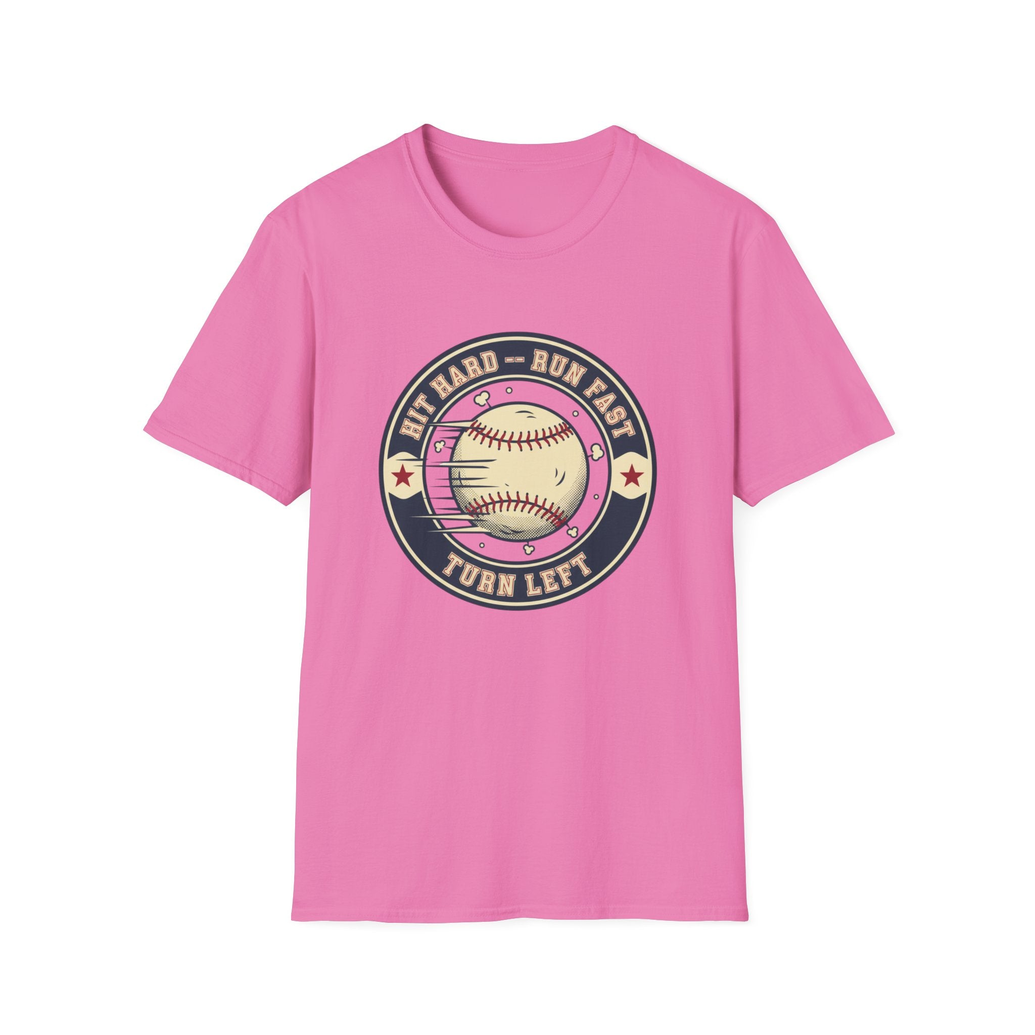 Baseball Tee — “Hit Hard • Run Fast • Turn Left” Vintage Softball Graphic Shirt