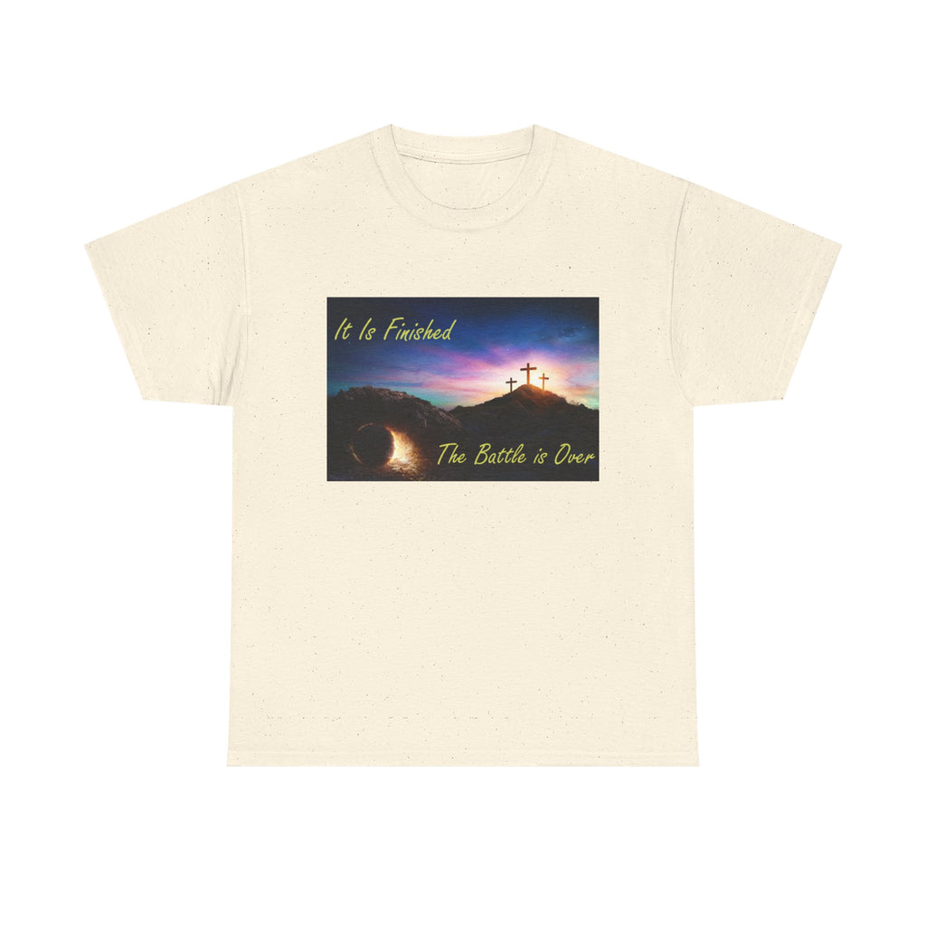T-Shirt – 'It Is Finished / The Battle is Over' Christian Cross Sunset Tee