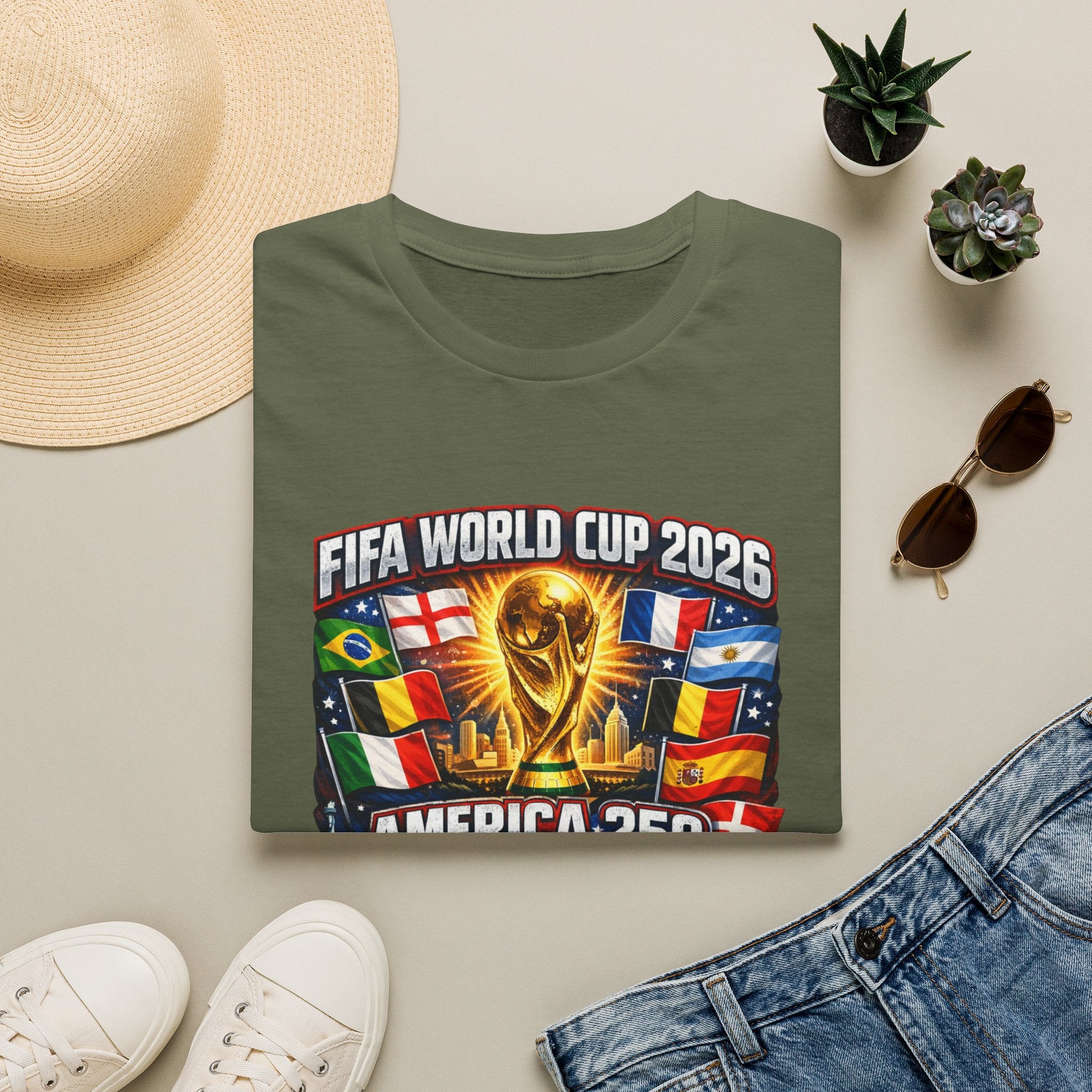 FIFA World Cup 2026 T-Shirt — America 250 Soccer Trophy & Flags Tee