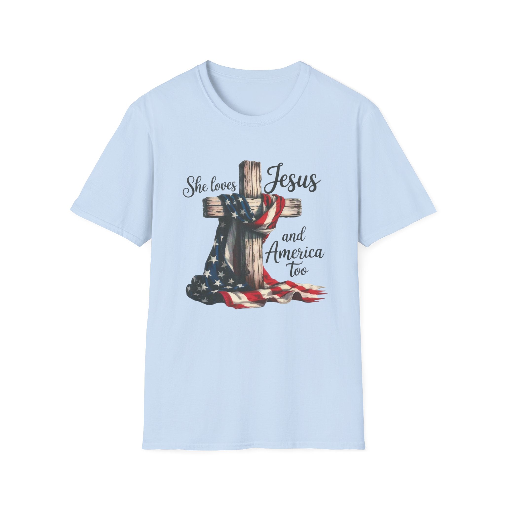 Jesus and America T-Shirt - 'She Loves Jesus and America Too' Patriotic Christian Tee