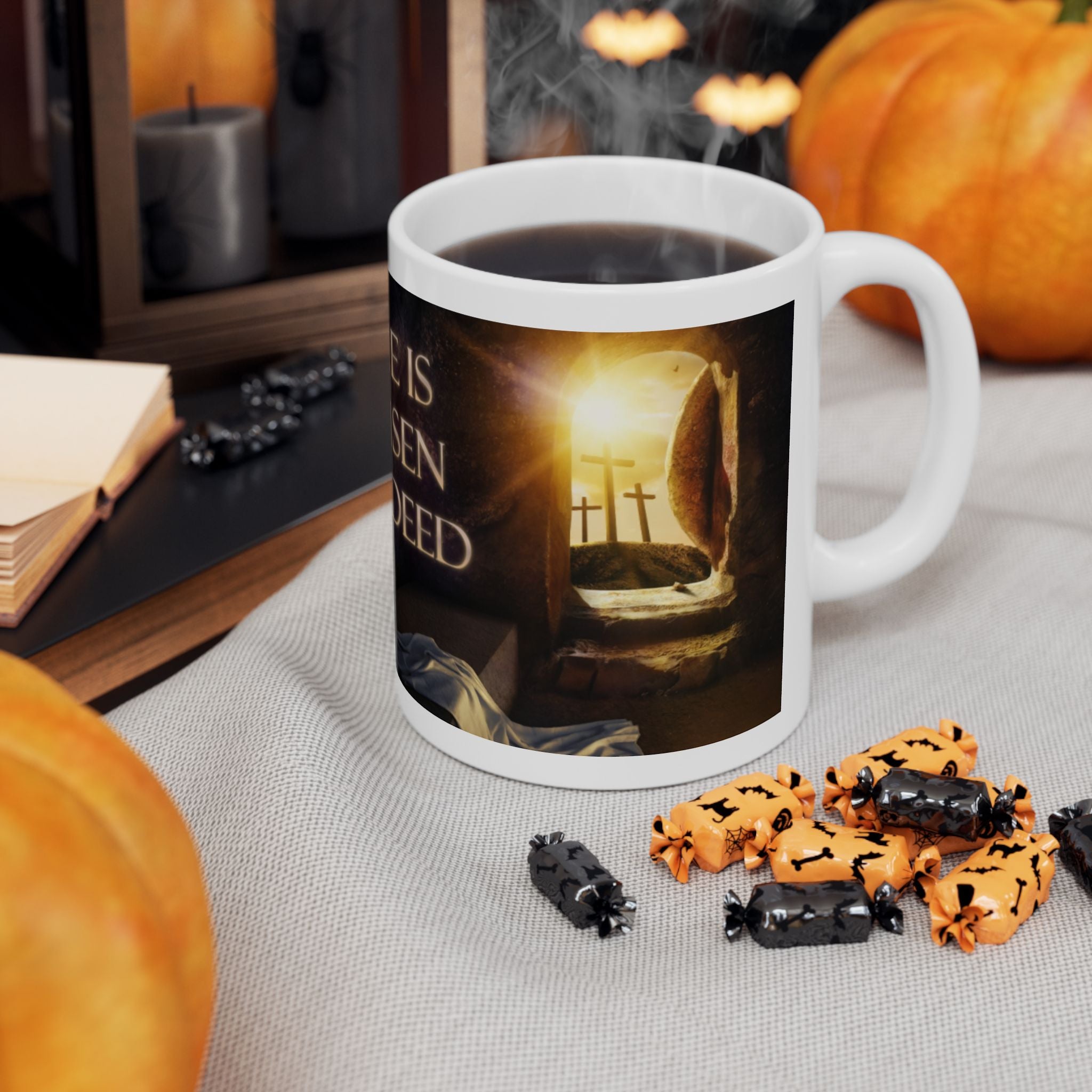 He Is Risen Indeed Ceramic Mug — Easter Religious Coffee Cup (11oz, 15oz)