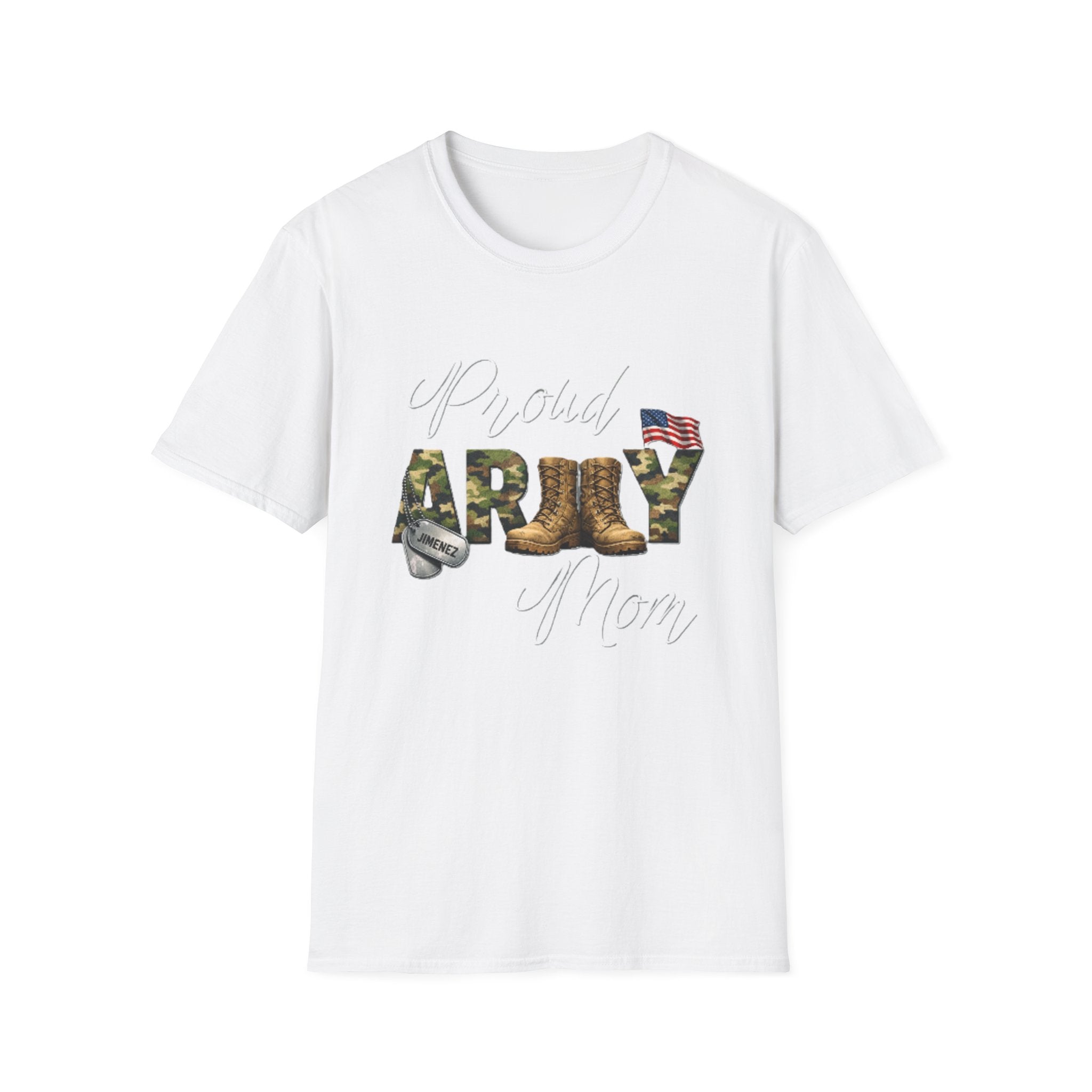 Proud Army Mom T-Shirt — Military Camouflage Boots & Flag Design