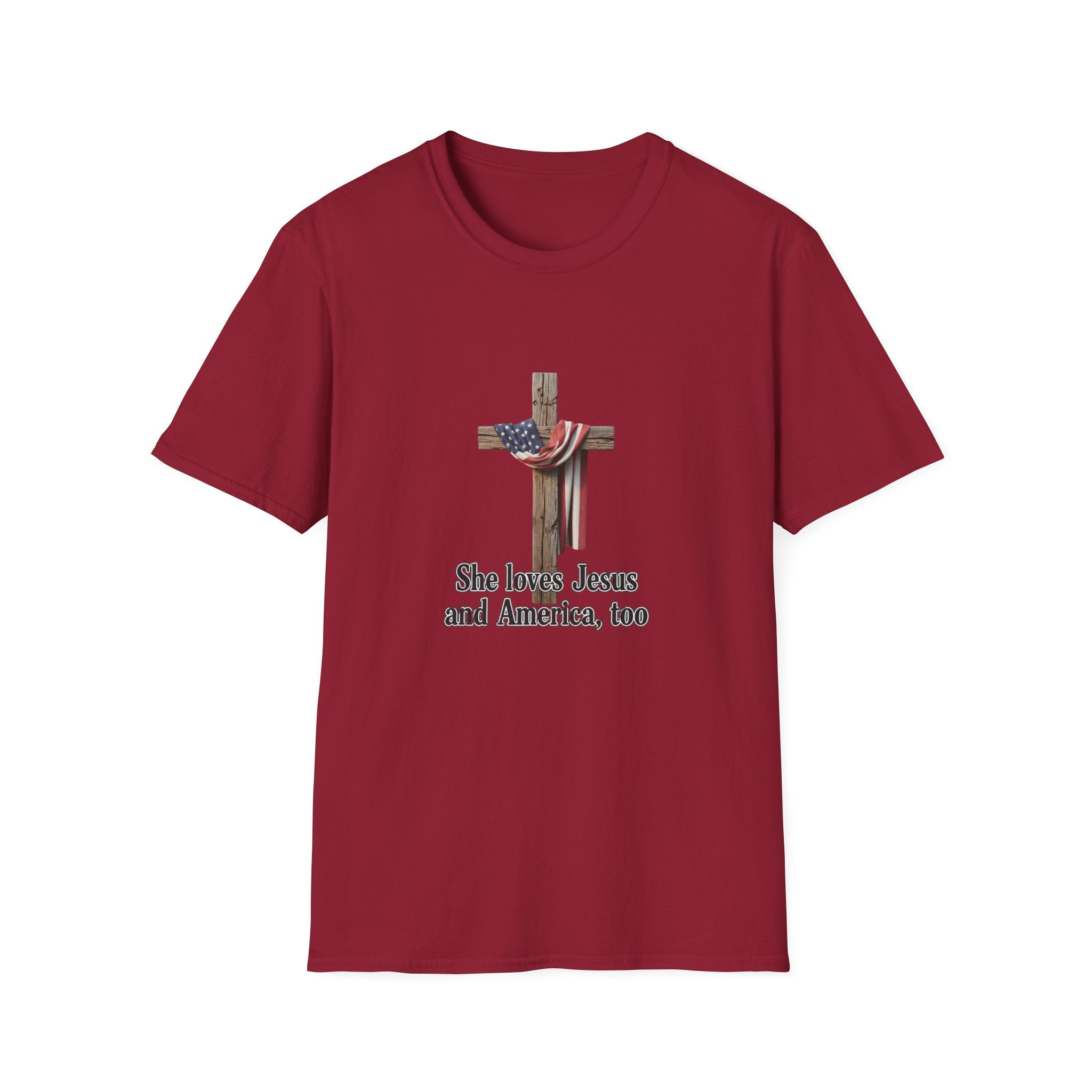 Christian Patriotic T-Shirt - "She loves Jesus and America, too" Cross Design