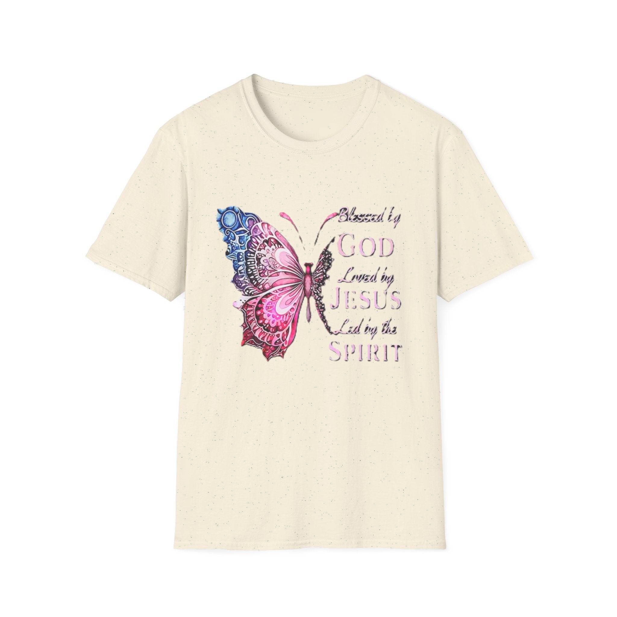 Christian Butterfly T-Shirt — Blessed by God, Loved by Jesus, Led by the Spirit