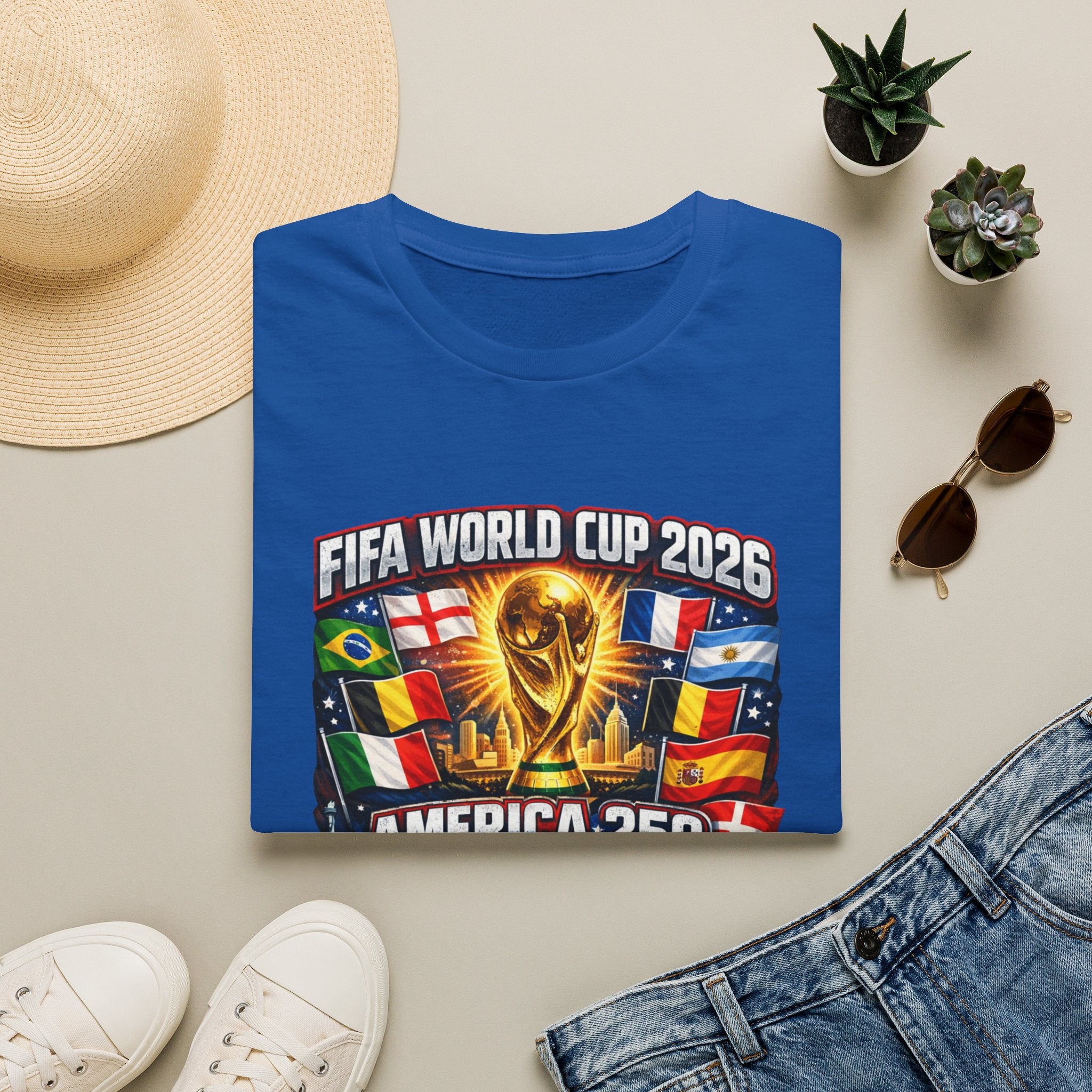 FIFA World Cup 2026 T-Shirt — America 250 Soccer Trophy & Flags Tee