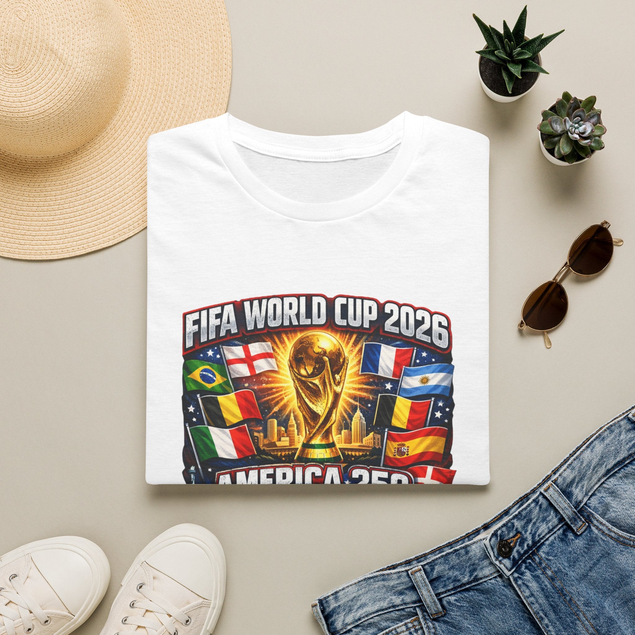 FIFA World Cup 2026 T-Shirt — America 250 Soccer Trophy & Flags Tee