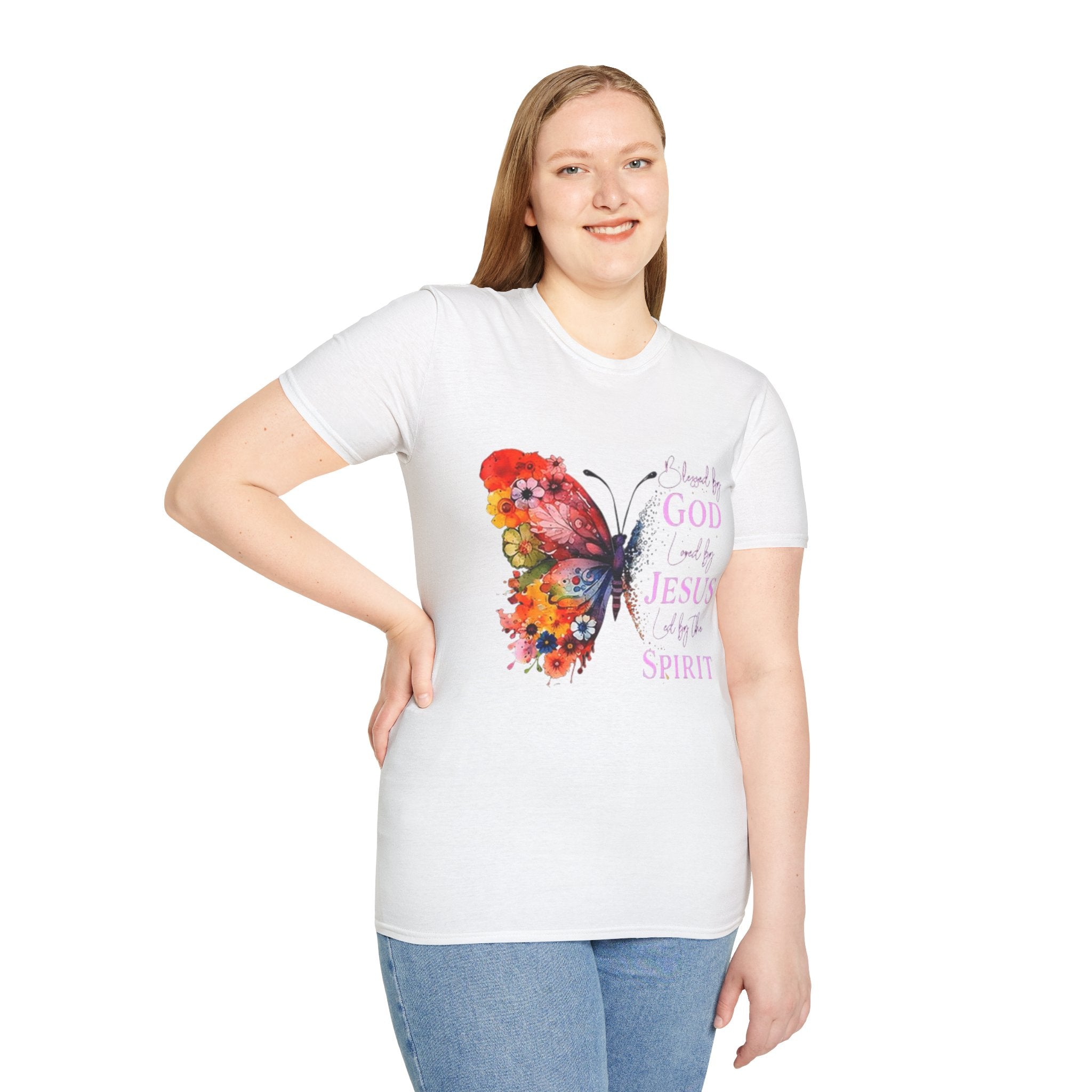 Butterfly Faith T-Shirt — 'Saved by God, Loved by Jesus & Led by the Spirit' Christian Tee
