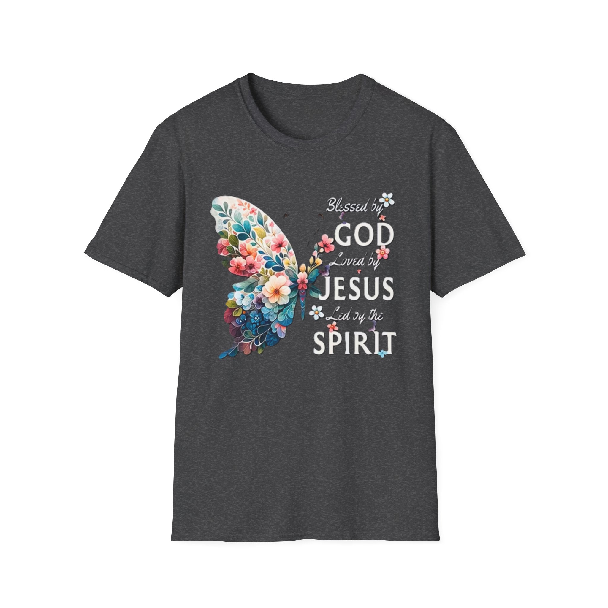Faith Butterfly T-Shirt — "Blessed by God, Loved by Jesus, Led by the Spirit" Christian Floral Tee