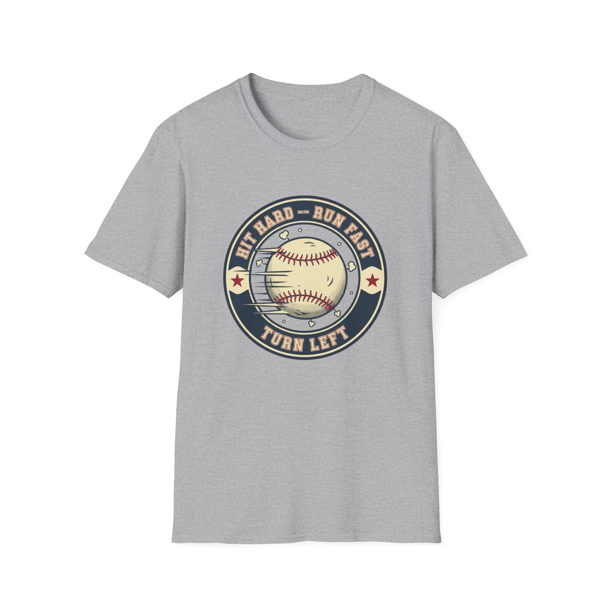 Baseball Tee — “Hit Hard • Run Fast • Turn Left” Vintage Softball Graphic Shirt
