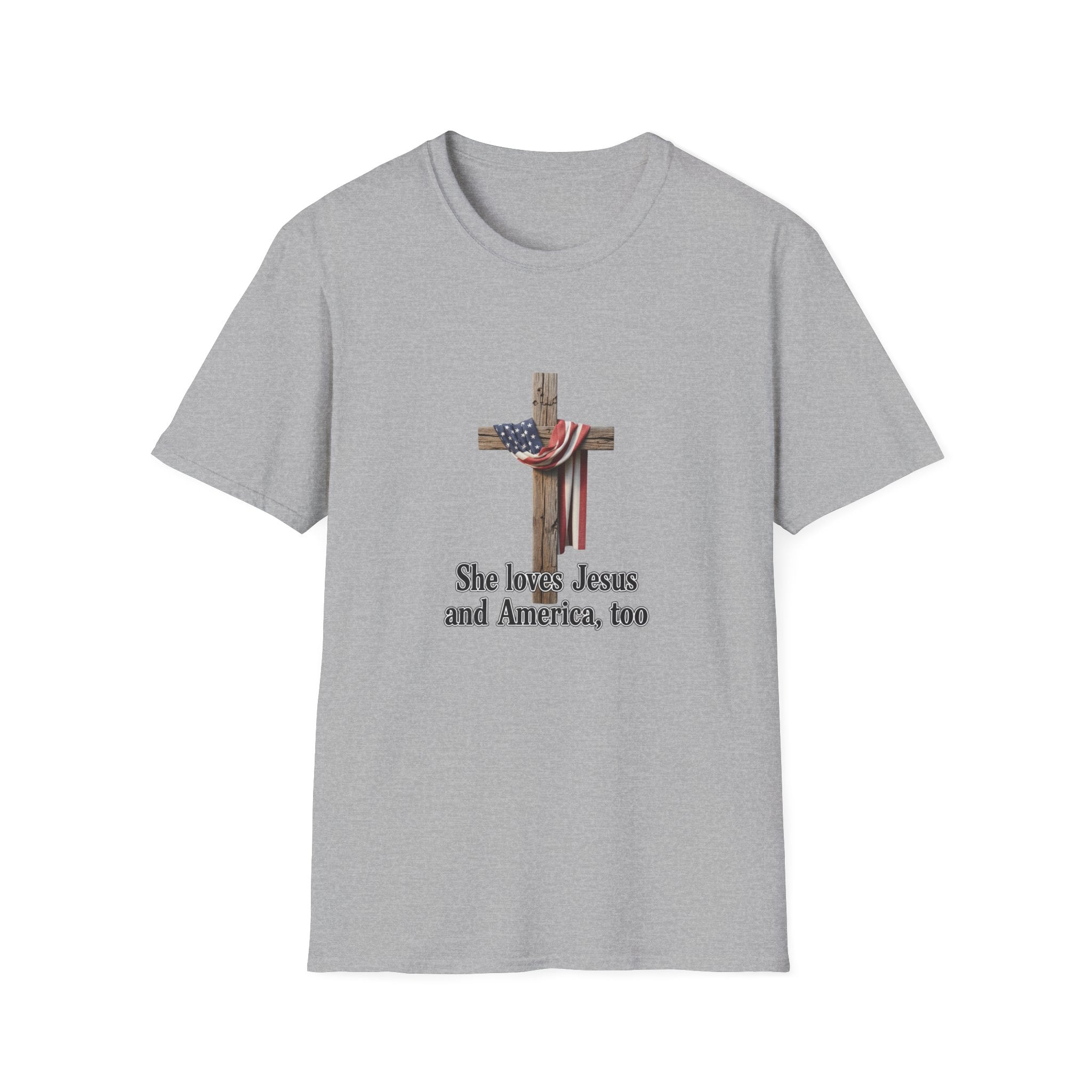 Christian Patriotic T-Shirt - "She loves Jesus and America, too" Cross Design