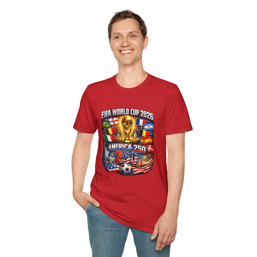 FIFA World Cup 2026 T-Shirt — America 250 Soccer Trophy & Flags Tee