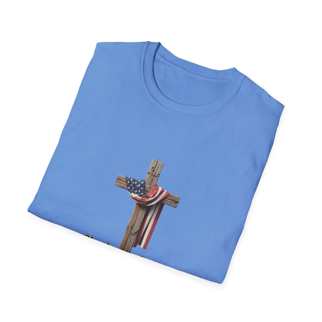 Christian Patriotic T-Shirt - "She loves Jesus and America, too" Cross Design