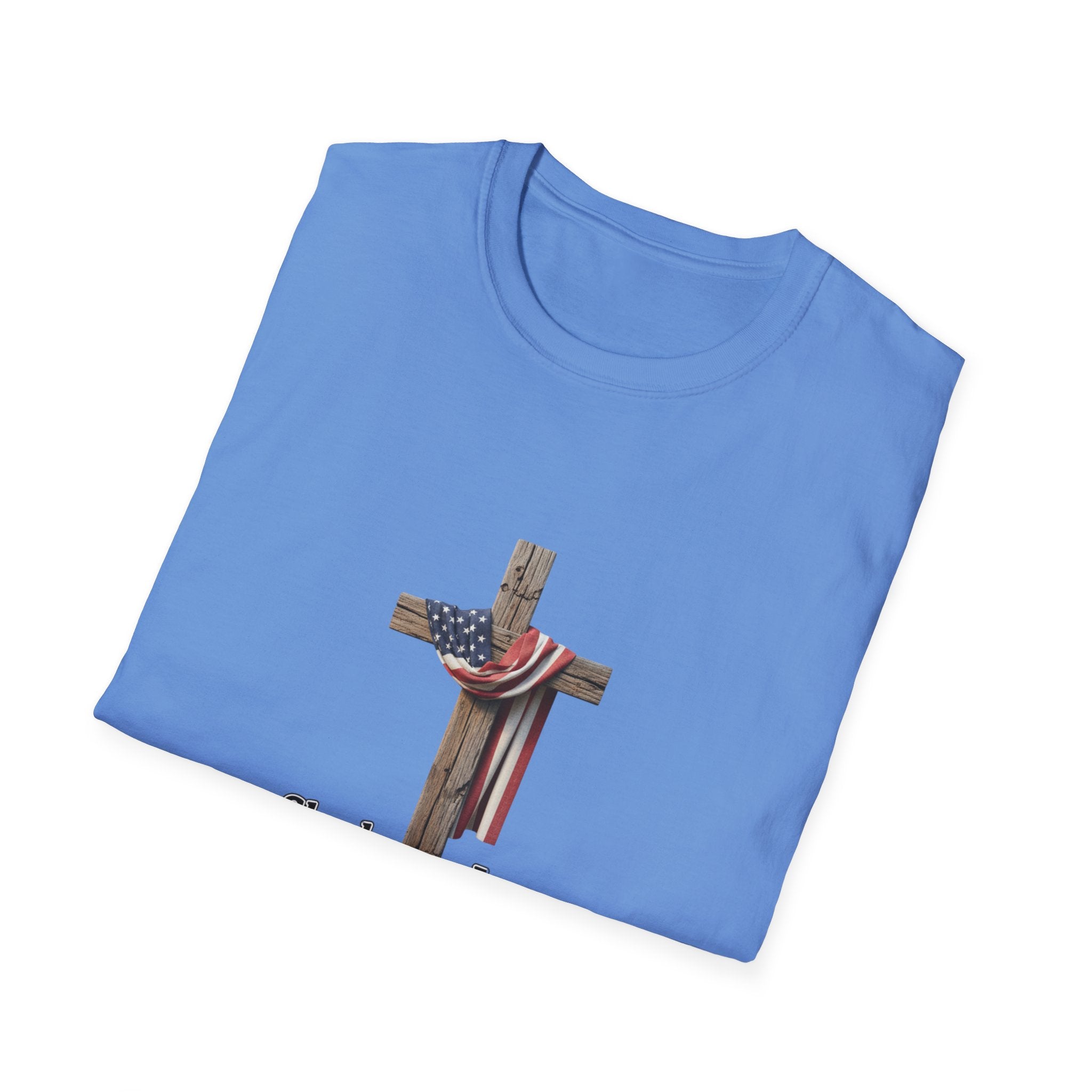 Christian Patriotic T-Shirt - "She loves Jesus and America, too" Cross Design
