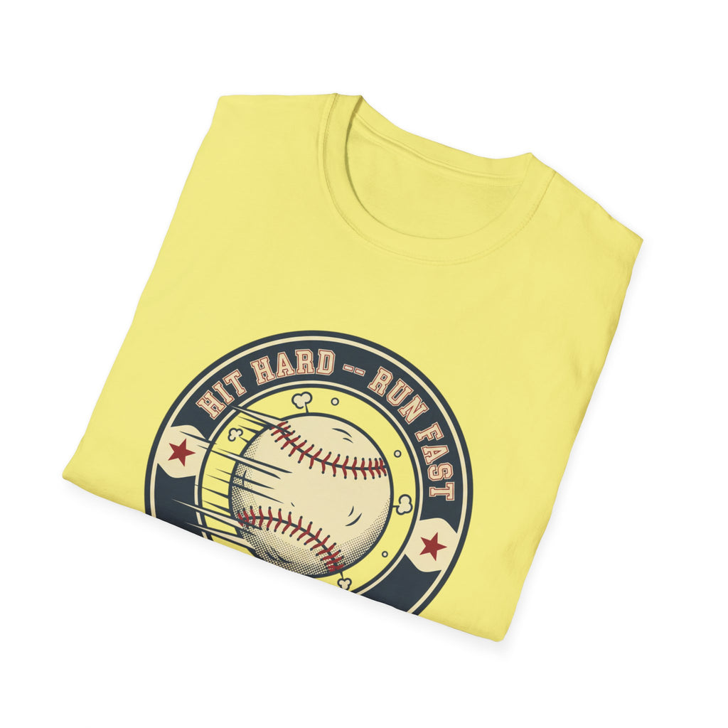 Baseball Tee — “Hit Hard • Run Fast • Turn Left” Vintage Softball Graphic Shirt