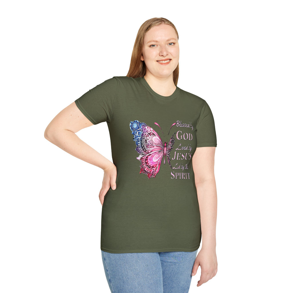 Christian Butterfly T-Shirt — Blessed by God, Loved by Jesus, Led by the Spirit