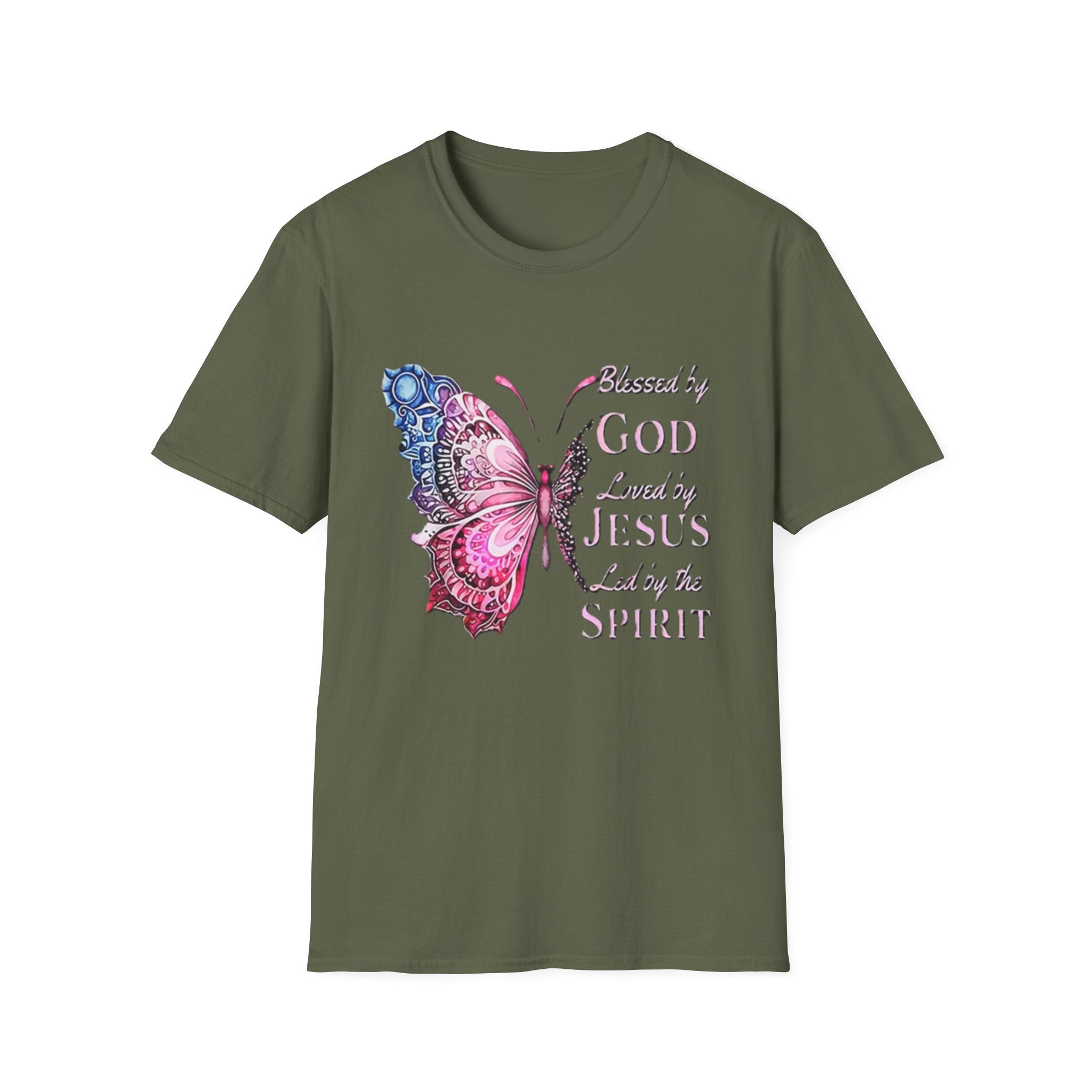 Christian Butterfly T-Shirt — Blessed by God, Loved by Jesus, Led by the Spirit