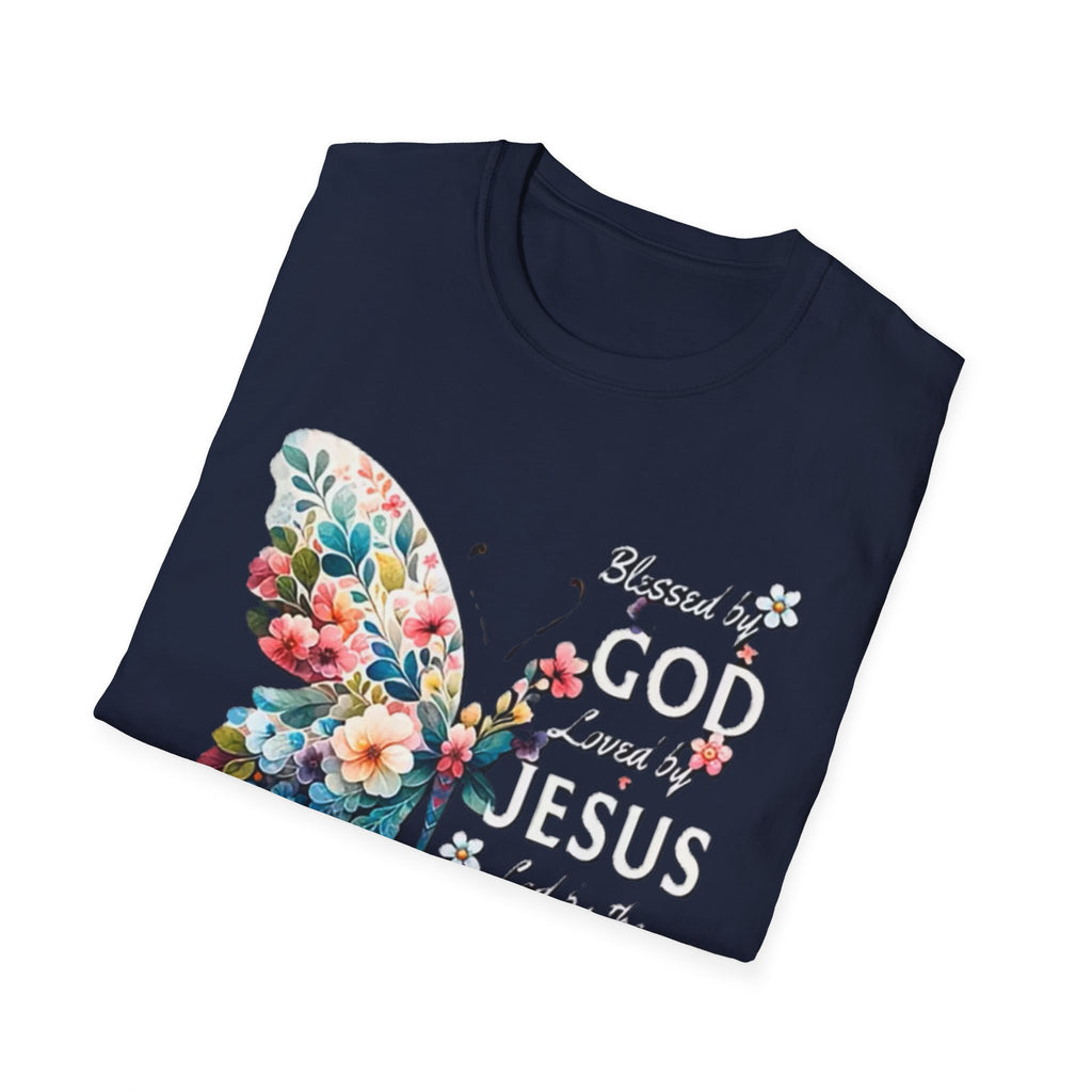 Faith Butterfly T-Shirt — "Blessed by God, Loved by Jesus, Led by the Spirit" Christian Floral Tee