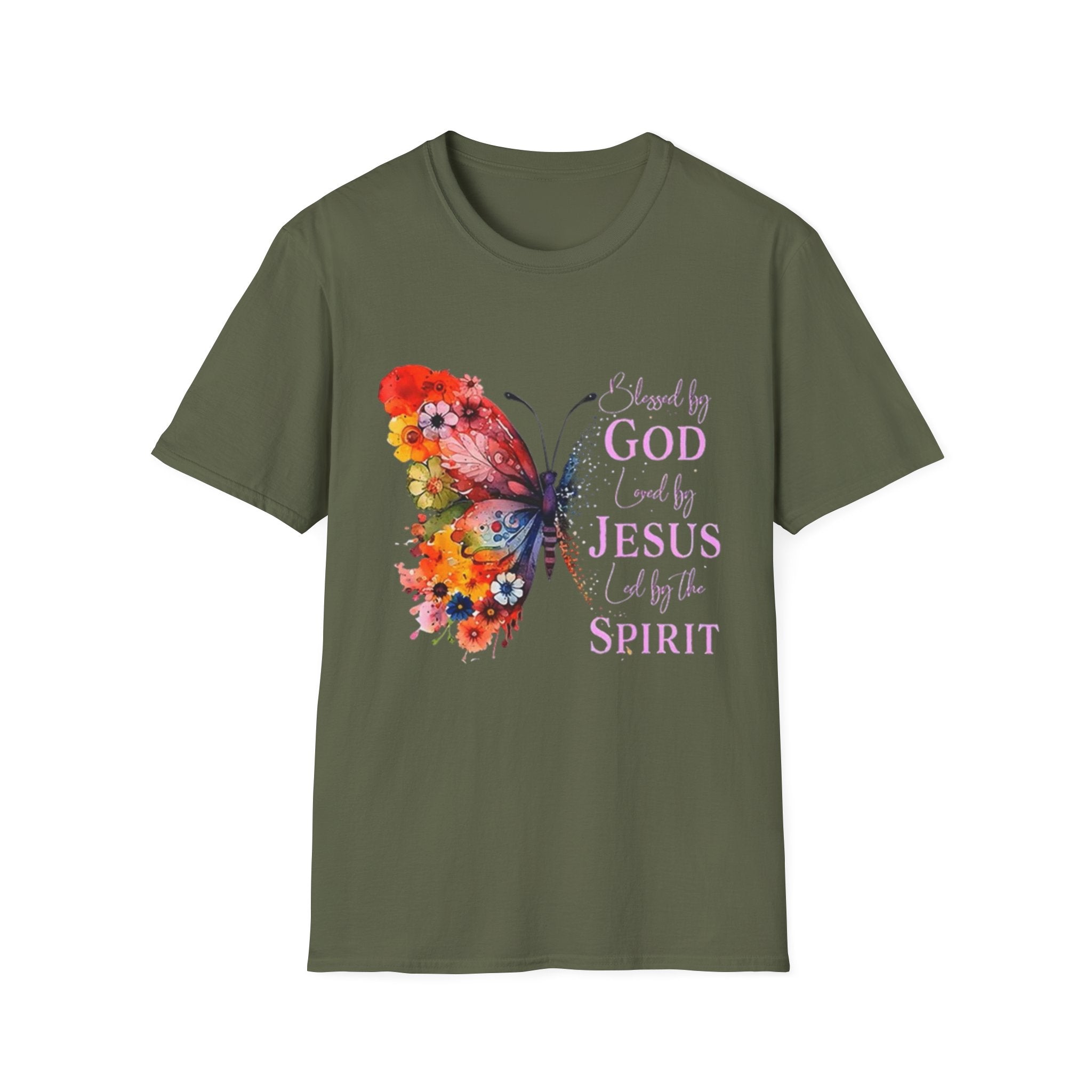 Butterfly Faith T-Shirt — 'Saved by God, Loved by Jesus & Led by the Spirit' Christian Tee