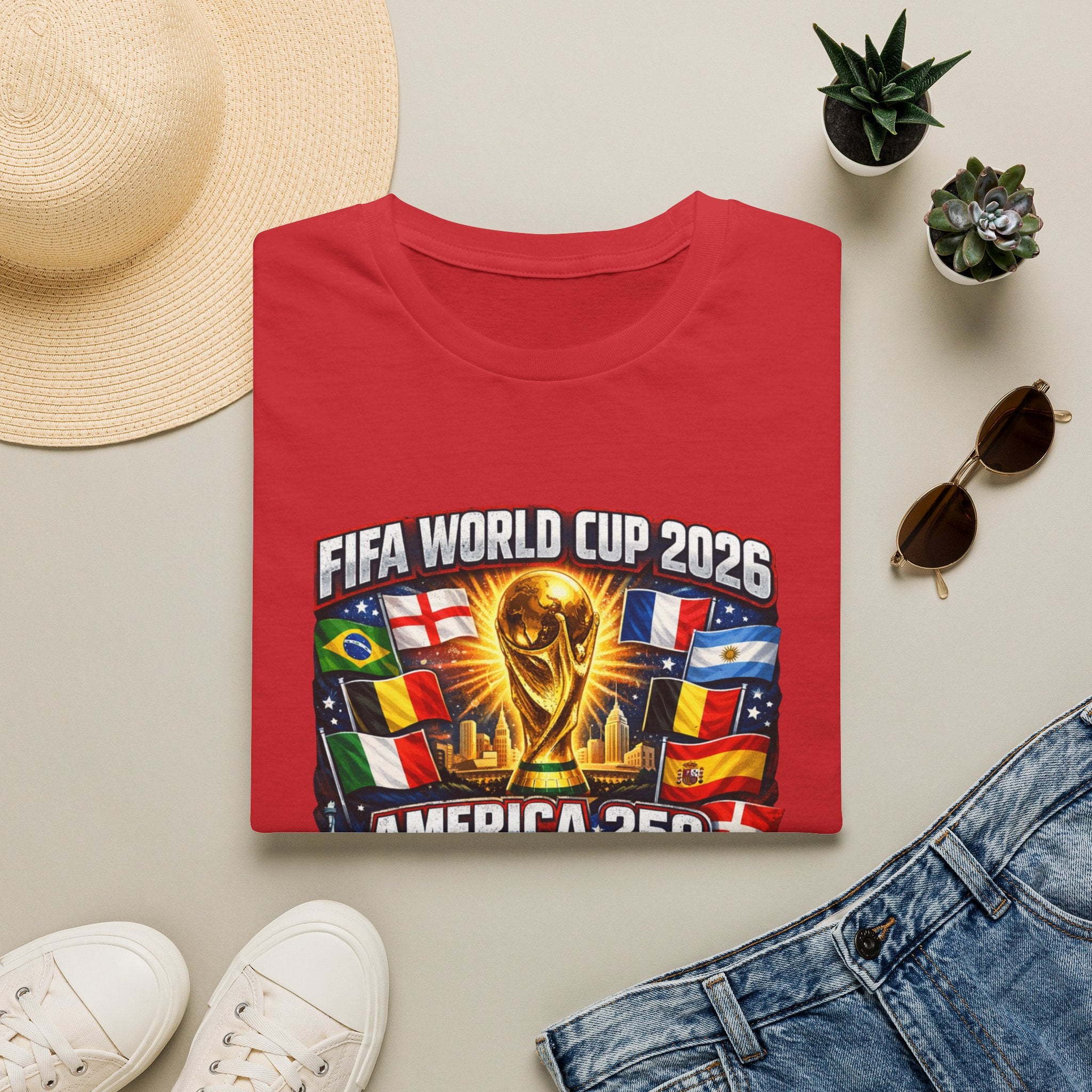 FIFA World Cup 2026 T-Shirt — America 250 Soccer Trophy & Flags Tee
