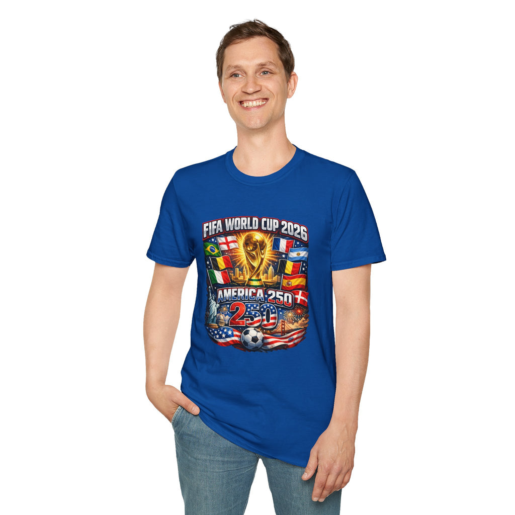 FIFA World Cup 2026 T-Shirt — America 250 Soccer Trophy & Flags Tee