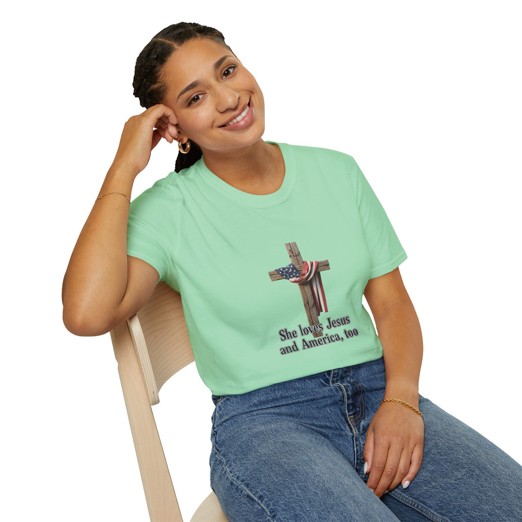 Christian Patriotic T-Shirt - "She loves Jesus and America, too" Cross Design