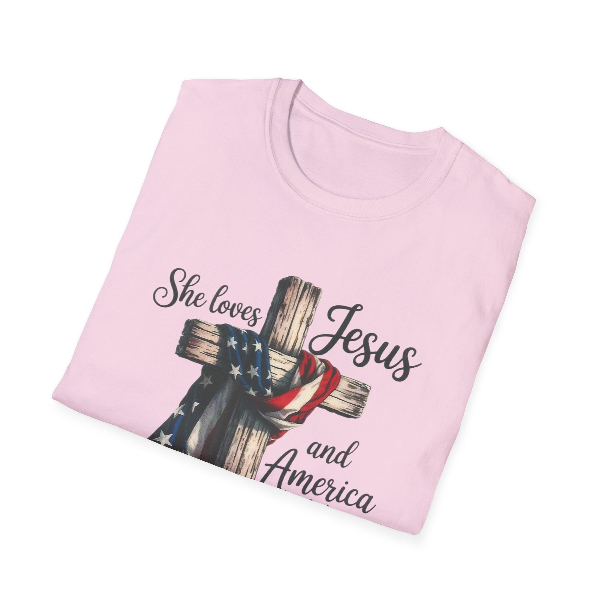 Jesus and America T-Shirt - 'She Loves Jesus and America Too' Patriotic Christian Tee