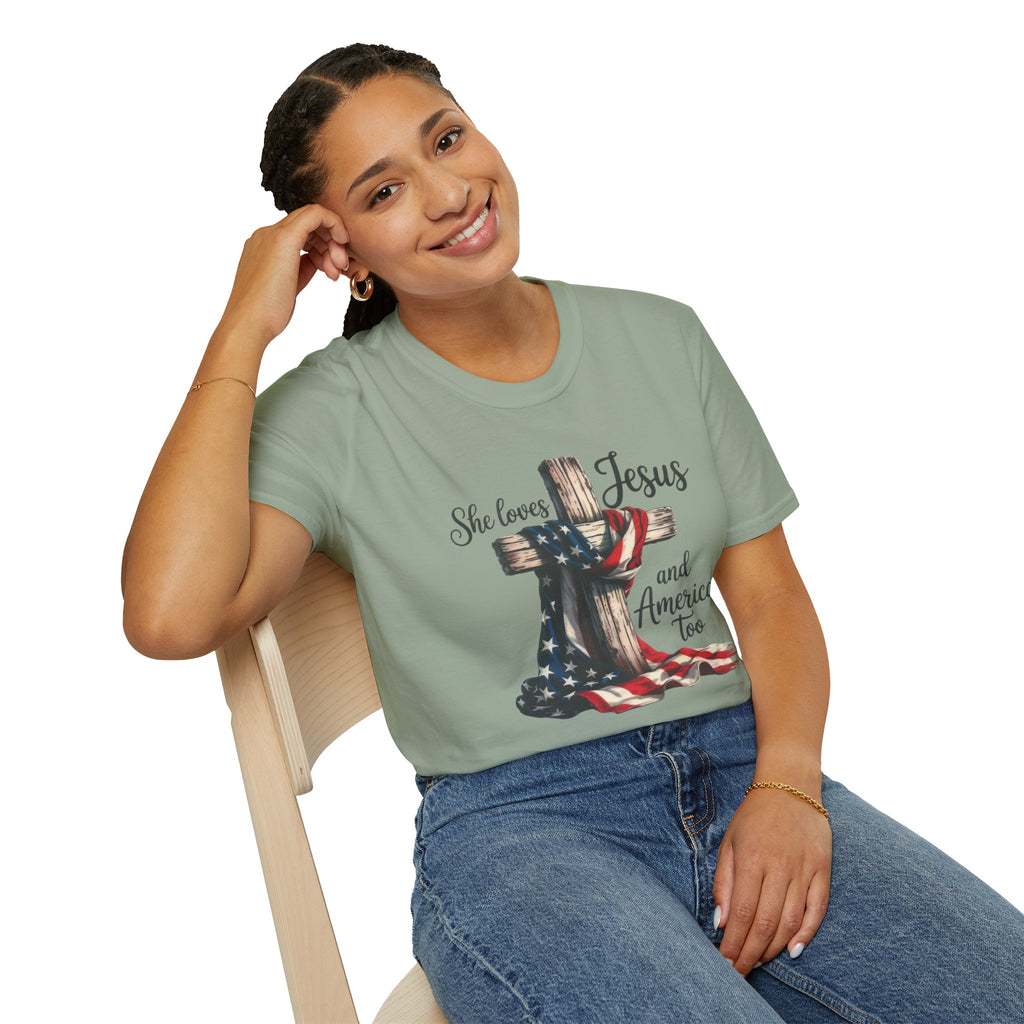 Jesus and America T-Shirt - 'She Loves Jesus and America Too' Patriotic Christian Tee