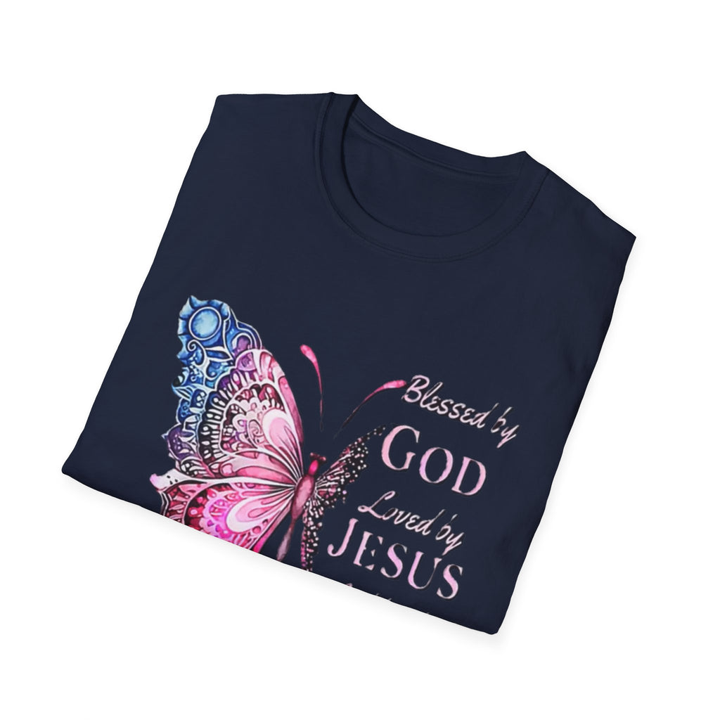 Christian Butterfly T-Shirt — Blessed by God, Loved by Jesus, Led by the Spirit
