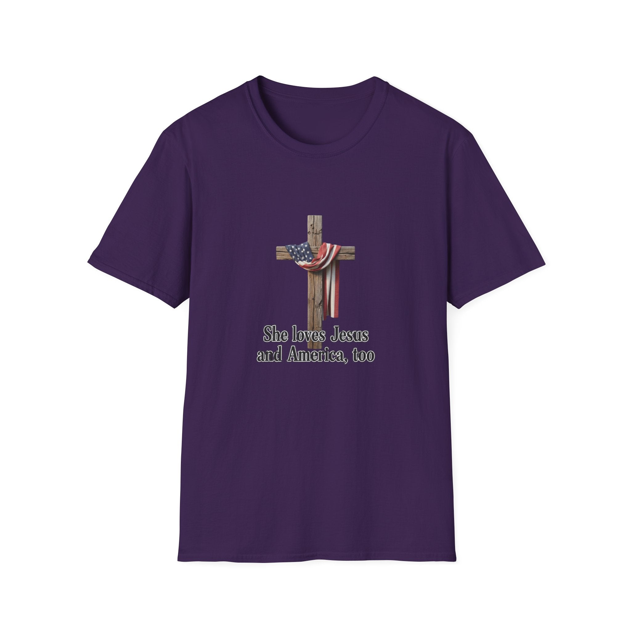 Christian Patriotic T-Shirt - "She loves Jesus and America, too" Cross Design
