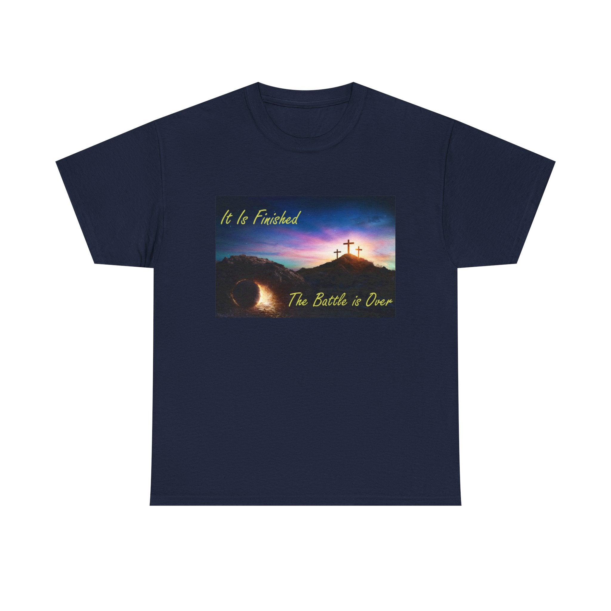 T-Shirt – 'It Is Finished / The Battle is Over' Christian Cross Sunset Tee