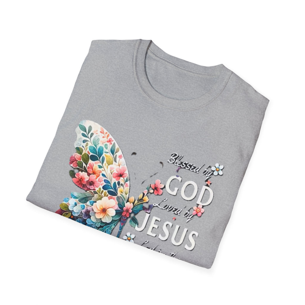 Faith Butterfly T-Shirt — "Blessed by God, Loved by Jesus, Led by the Spirit" Christian Floral Tee