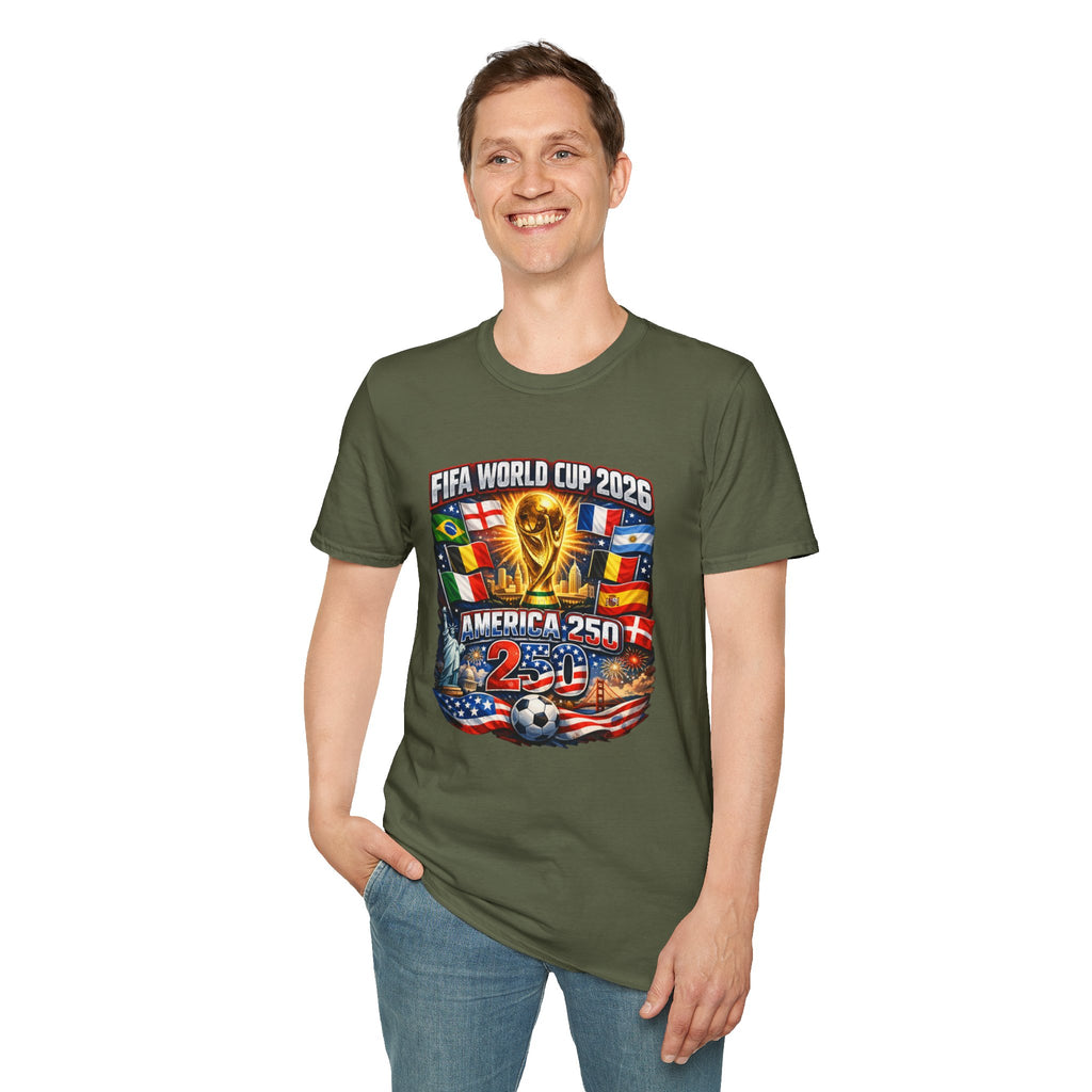 FIFA World Cup 2026 T-Shirt — America 250 Soccer Trophy & Flags Tee