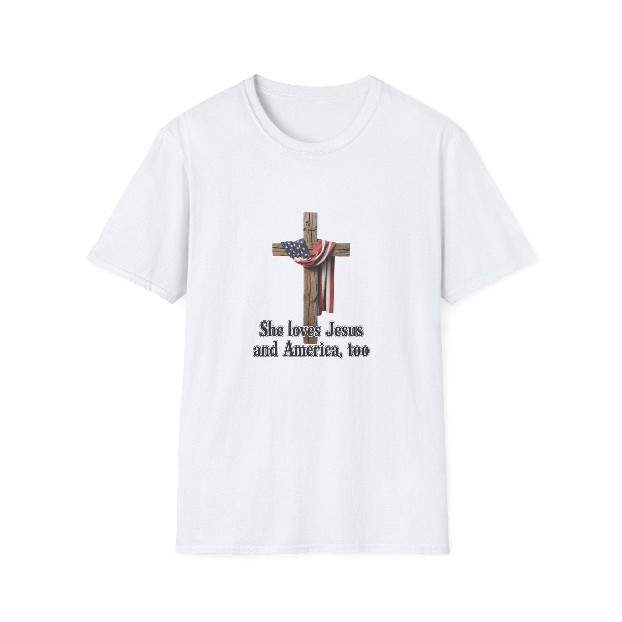 Christian Patriotic T-Shirt - "She loves Jesus and America, too" Cross Design