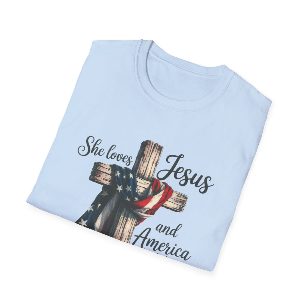 Jesus and America T-Shirt - 'She Loves Jesus and America Too' Patriotic Christian Tee