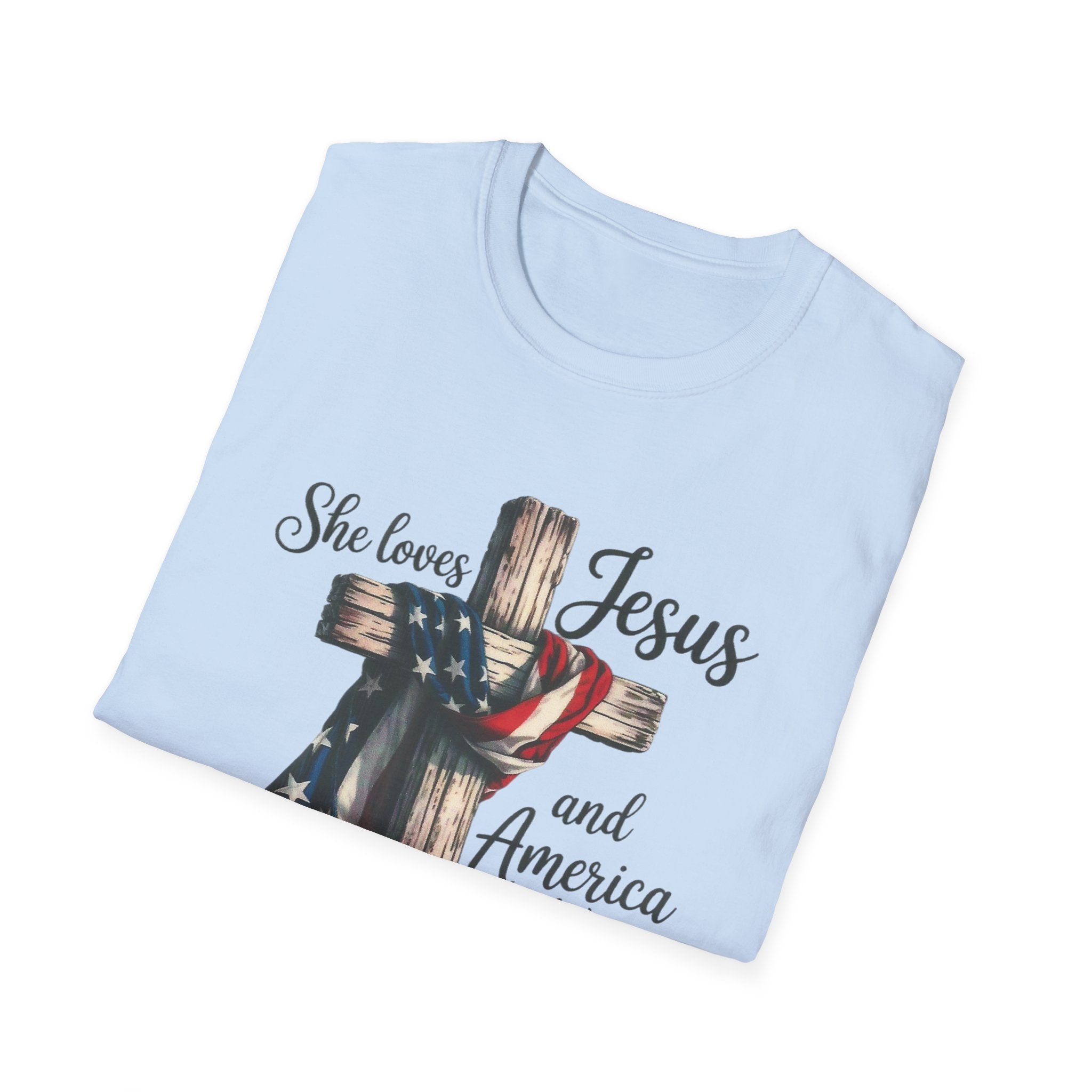 Jesus and America T-Shirt - 'She Loves Jesus and America Too' Patriotic Christian Tee