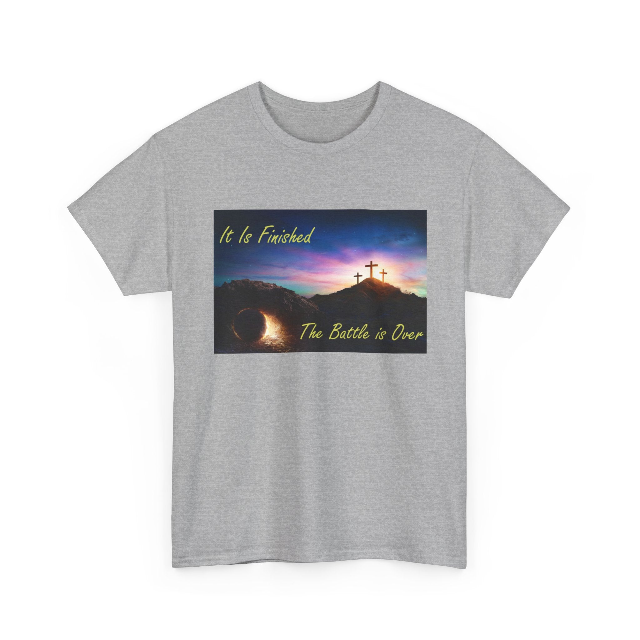 T-Shirt – 'It Is Finished / The Battle is Over' Christian Cross Sunset Tee