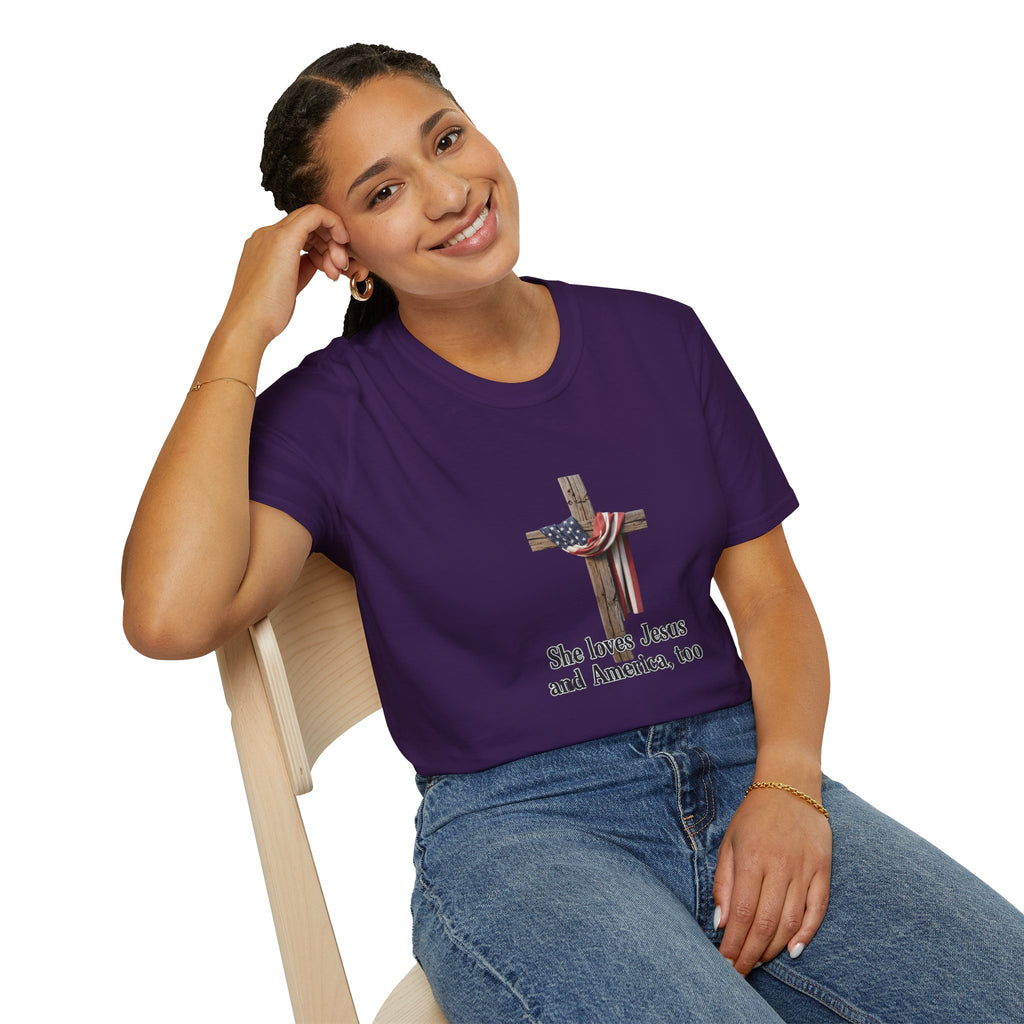 Christian Patriotic T-Shirt - "She loves Jesus and America, too" Cross Design