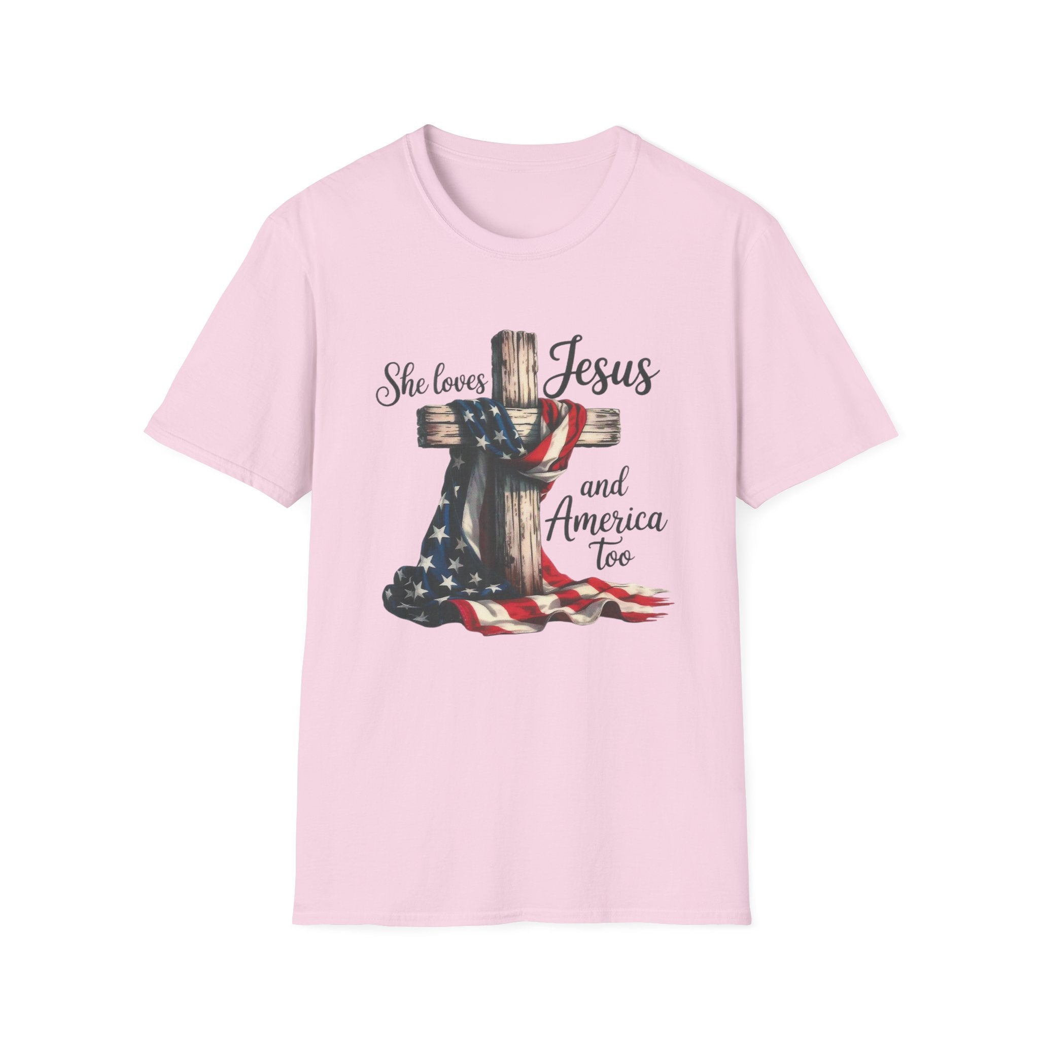 Jesus and America T-Shirt - 'She Loves Jesus and America Too' Patriotic Christian Tee