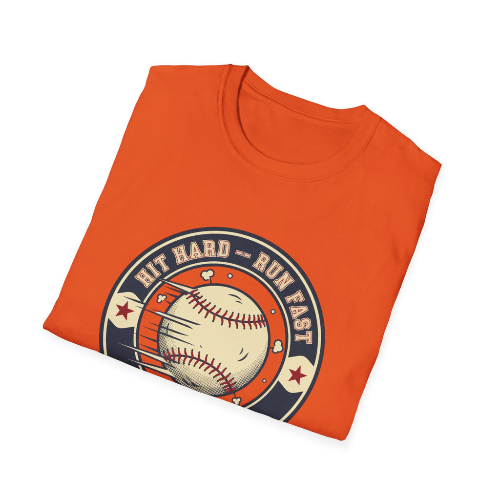Baseball Tee — “Hit Hard • Run Fast • Turn Left” Vintage Softball Graphic Shirt
