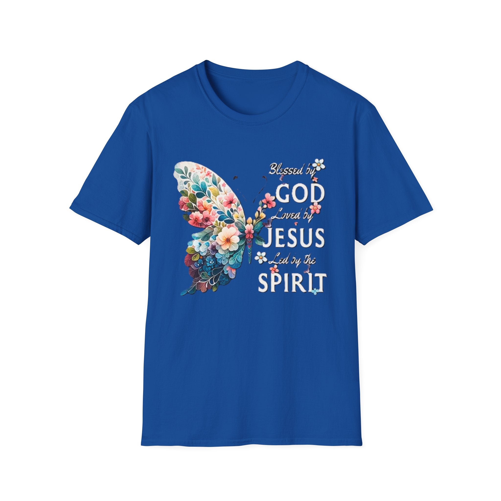Faith Butterfly T-Shirt — "Blessed by God, Loved by Jesus, Led by the Spirit" Christian Floral Tee