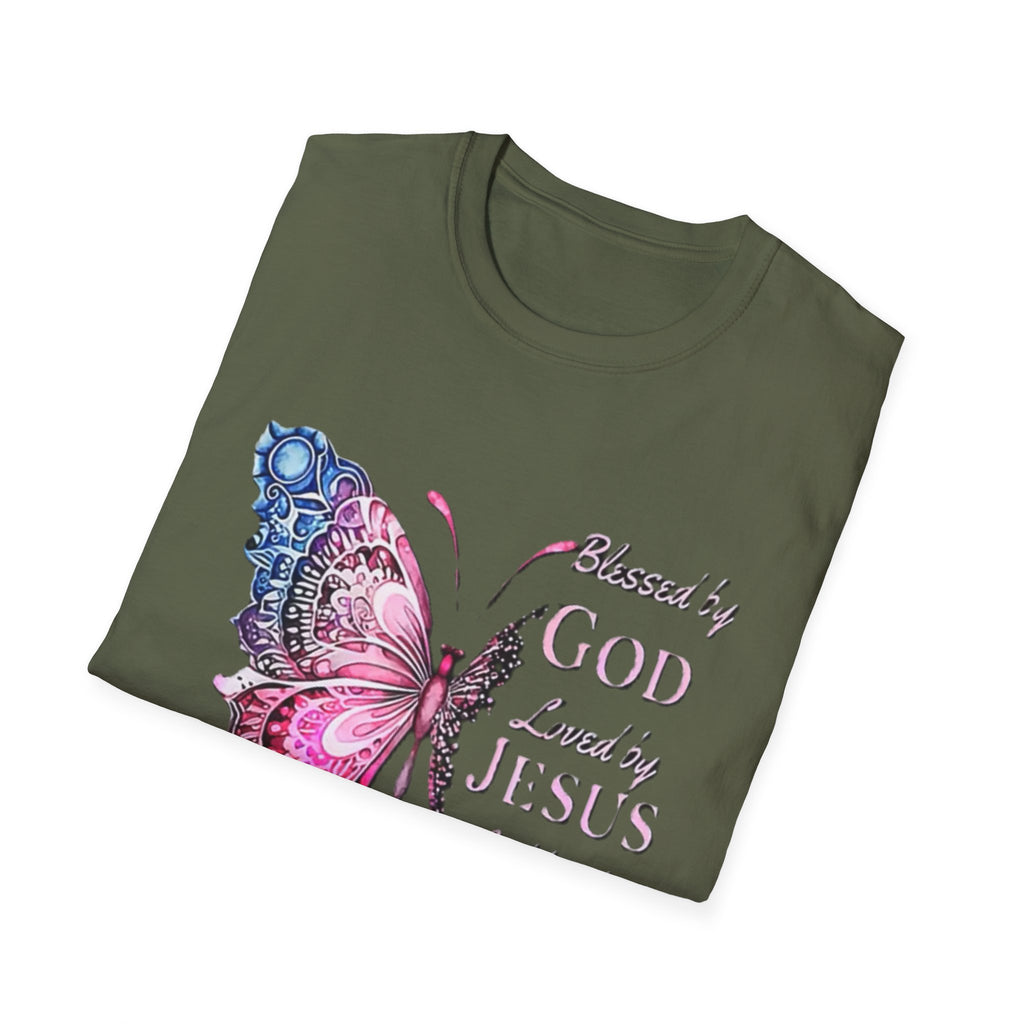 Christian Butterfly T-Shirt — Blessed by God, Loved by Jesus, Led by the Spirit