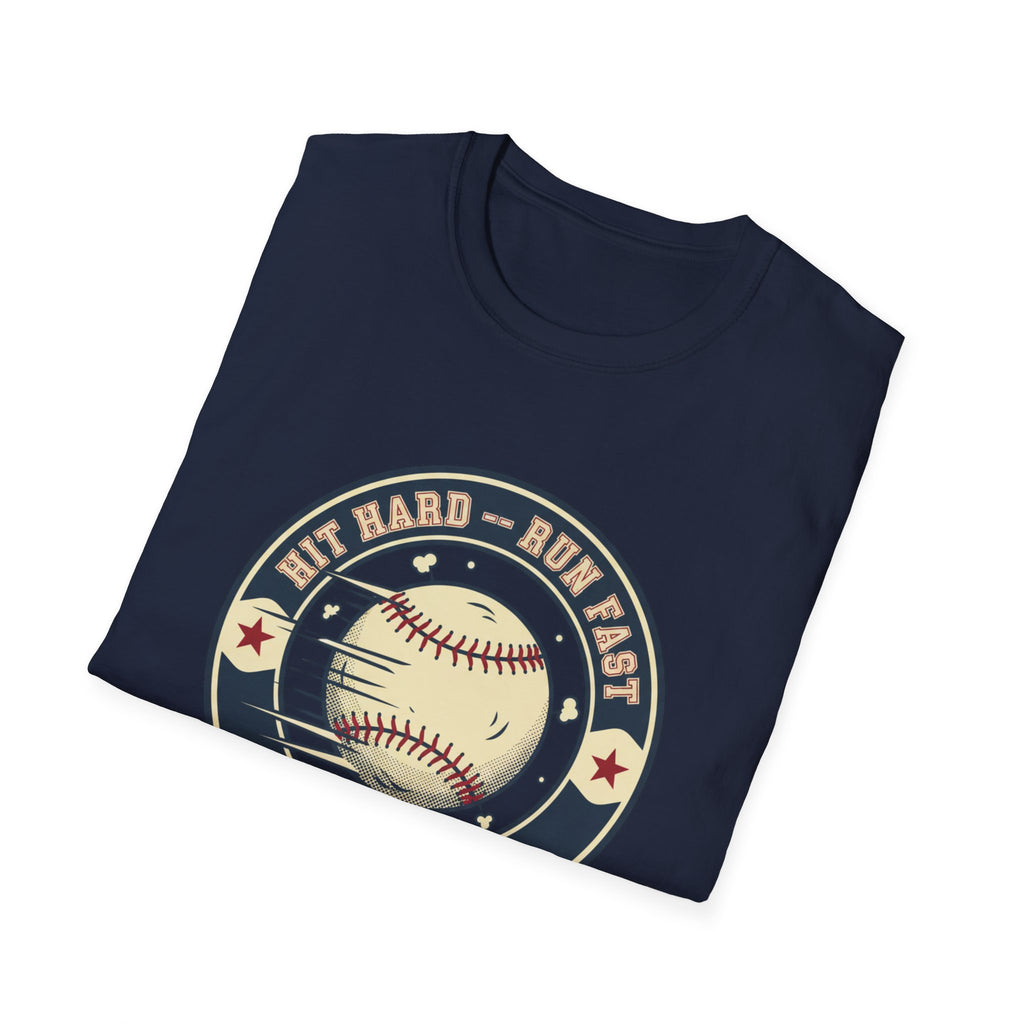 Baseball Tee — “Hit Hard • Run Fast • Turn Left” Vintage Softball Graphic Shirt