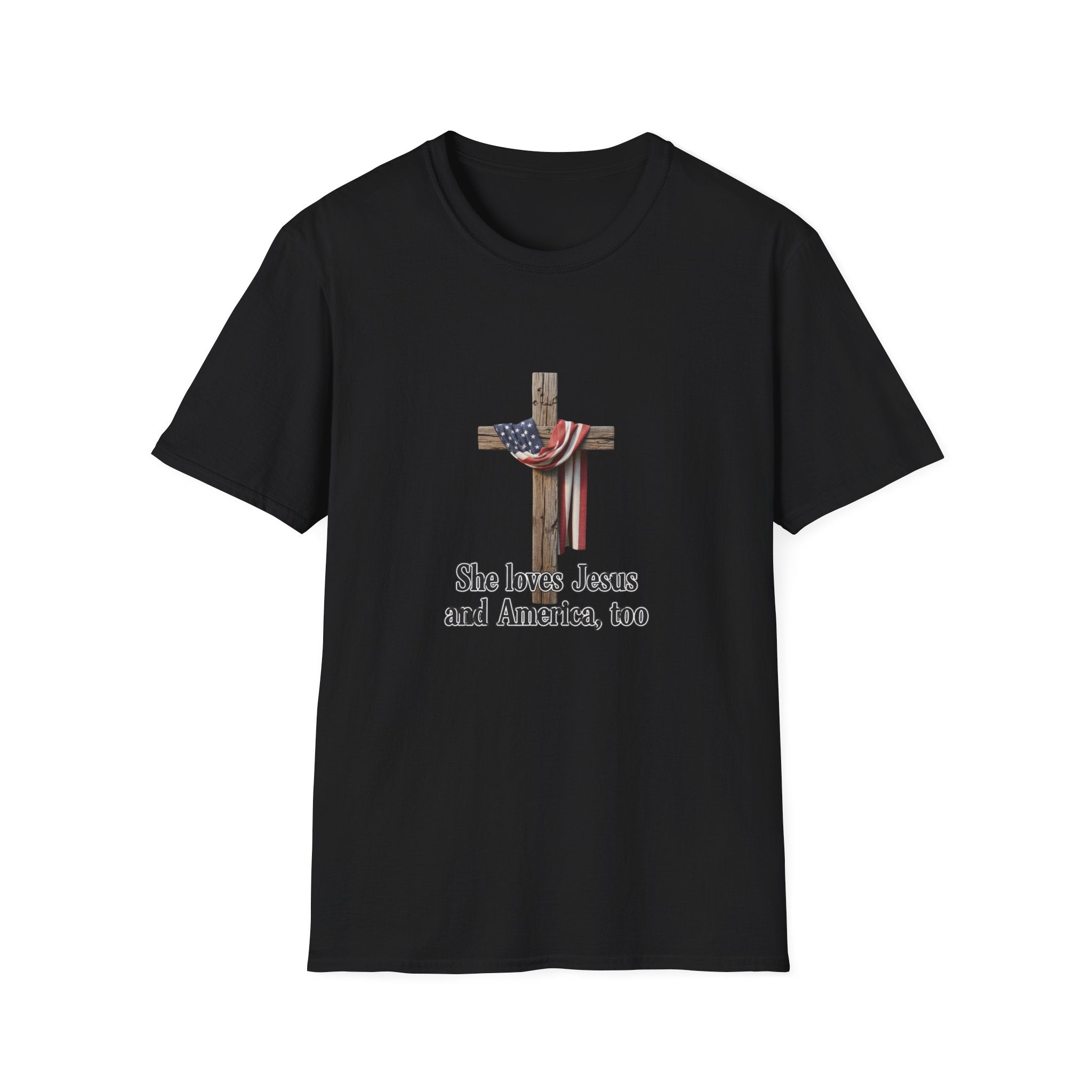 Christian Patriotic T-Shirt - "She loves Jesus and America, too" Cross Design
