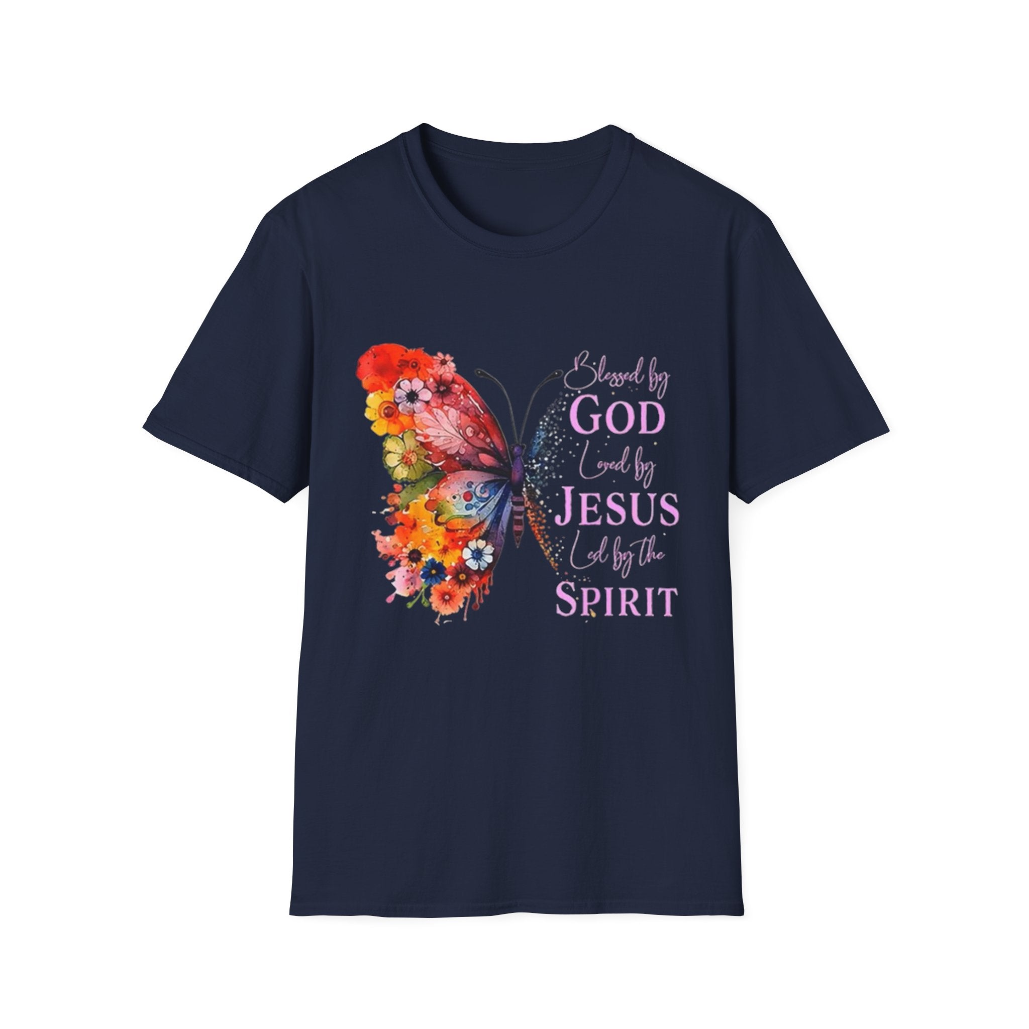 Butterfly Faith T-Shirt — 'Saved by God, Loved by Jesus & Led by the Spirit' Christian Tee