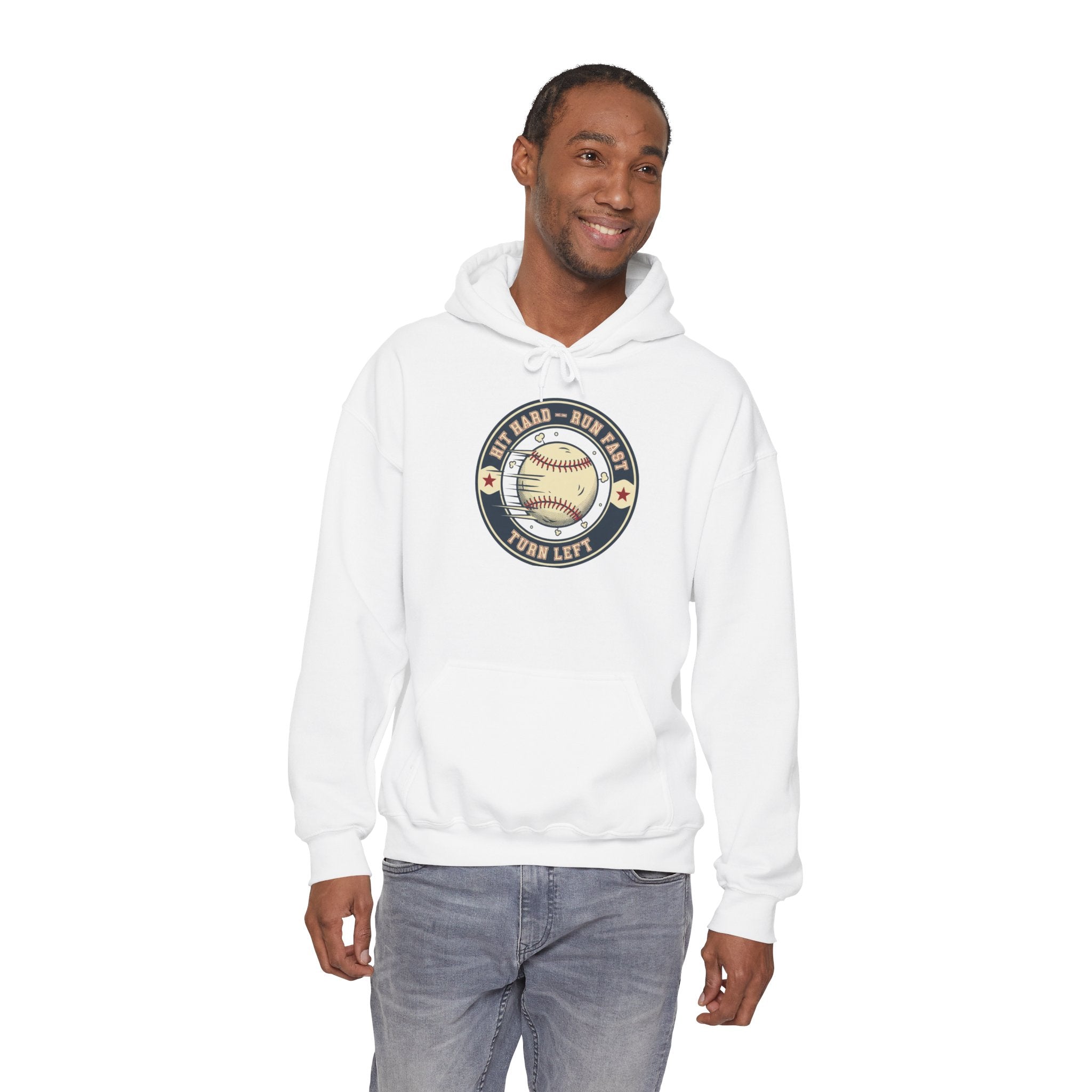 Baseball Hoodie - 'Hit Hard Run Fast Turn Left' Vintage Baseball Pullover