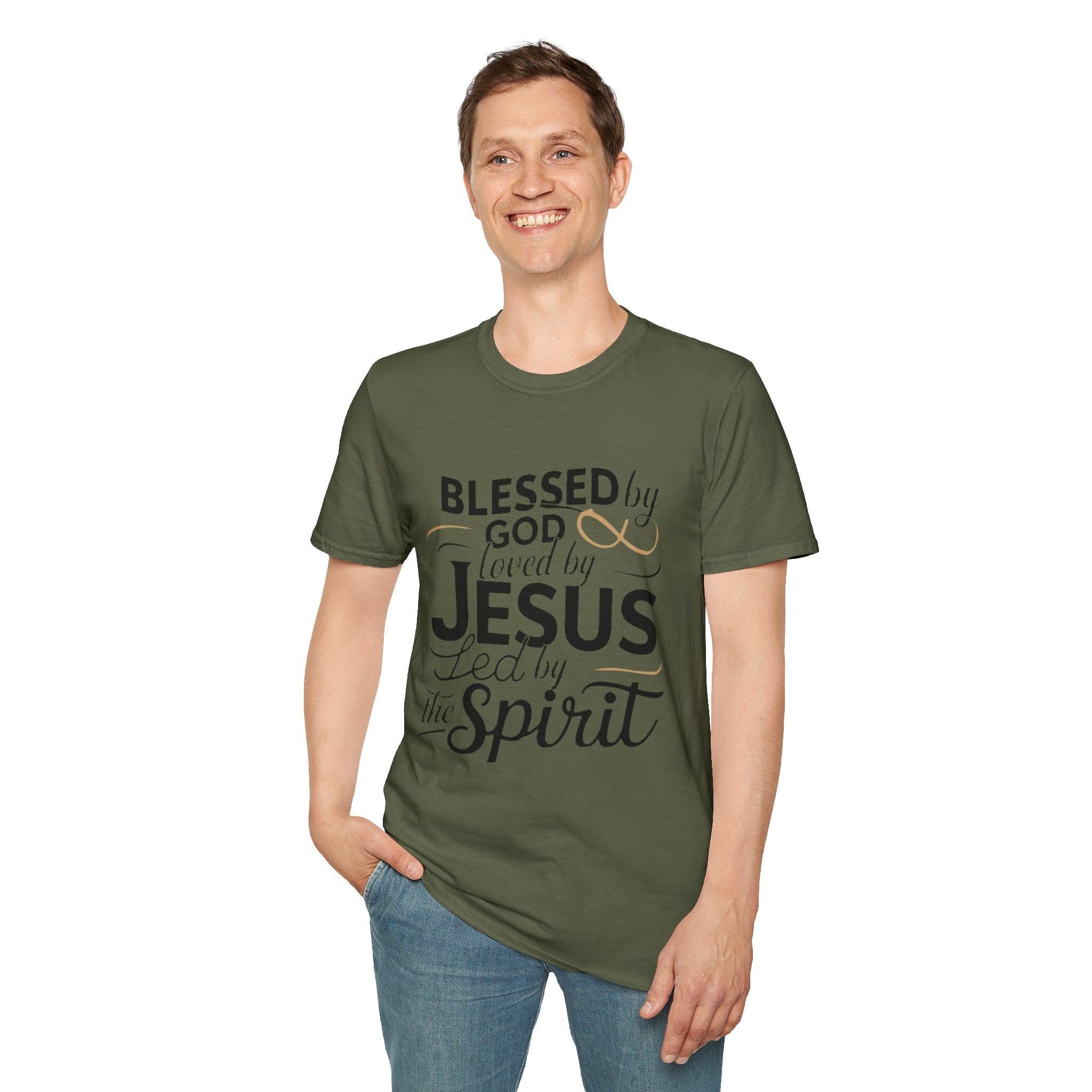 Jesus Blessed by God Faith T-Shirt — "Blessed by God, Loved by Jesus, Led by the Spirit" Christian Tee