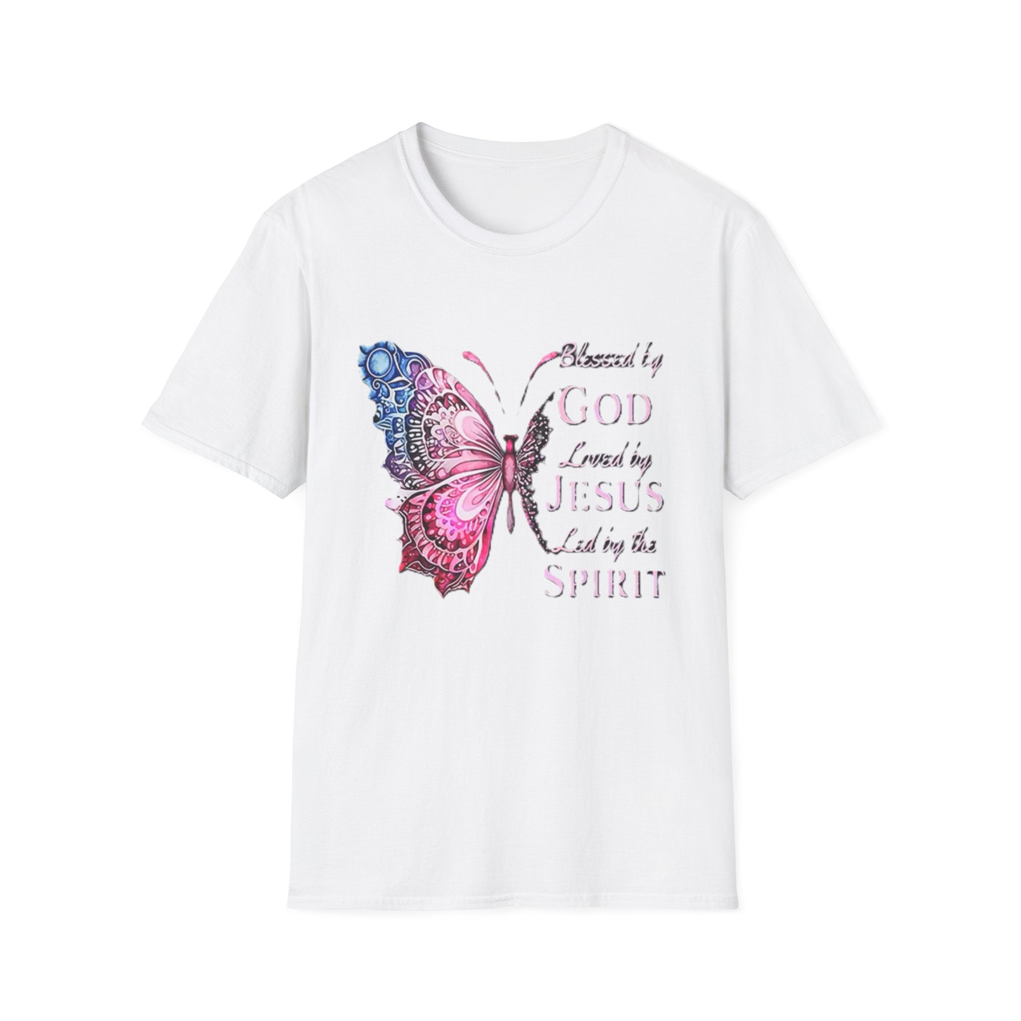 Christian Butterfly T-Shirt — Blessed by God, Loved by Jesus, Led by the Spirit